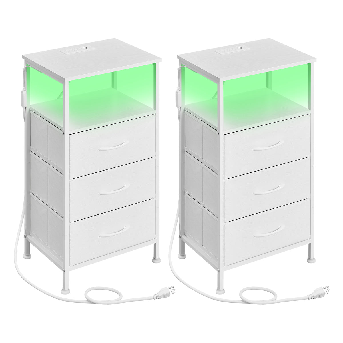 Modern Nightstand Set of 2 with Charging Station and LED Lights, 15.6 x 11.8 x 29.9 Inches, White