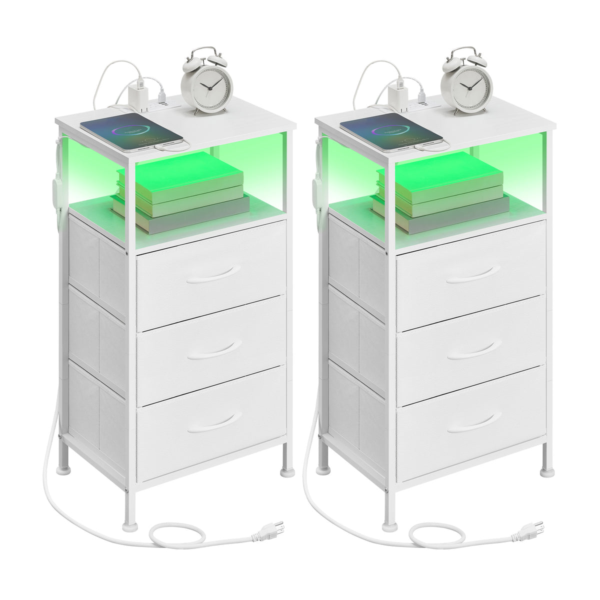 Modern Nightstand Set of 2 with Charging Station and LED Lights, 15.6 x 11.8 x 29.9 Inches, White