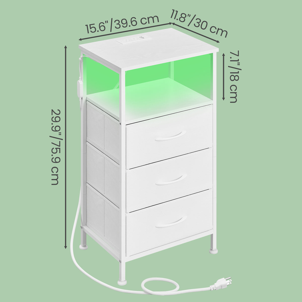 Modern Nightstand Set of 2 with Charging Station and LED Lights, 15.6 x 11.8 x 29.9 Inches, White