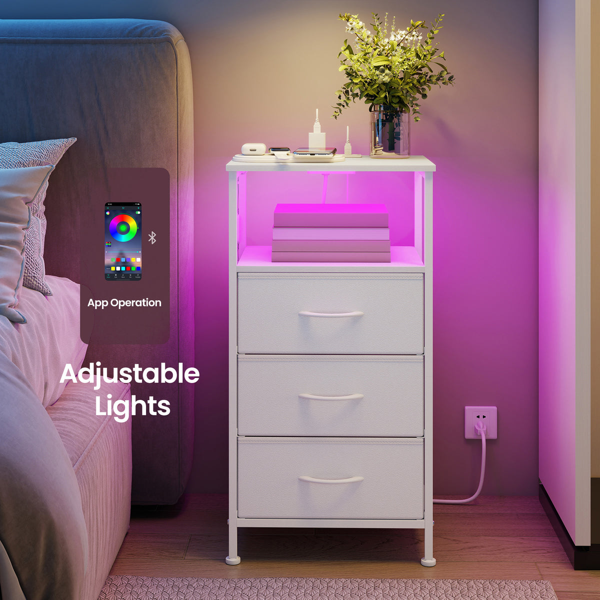 Modern Nightstand Set of 2 with Charging Station and LED Lights, 15.6 x 11.8 x 29.9 Inches, White