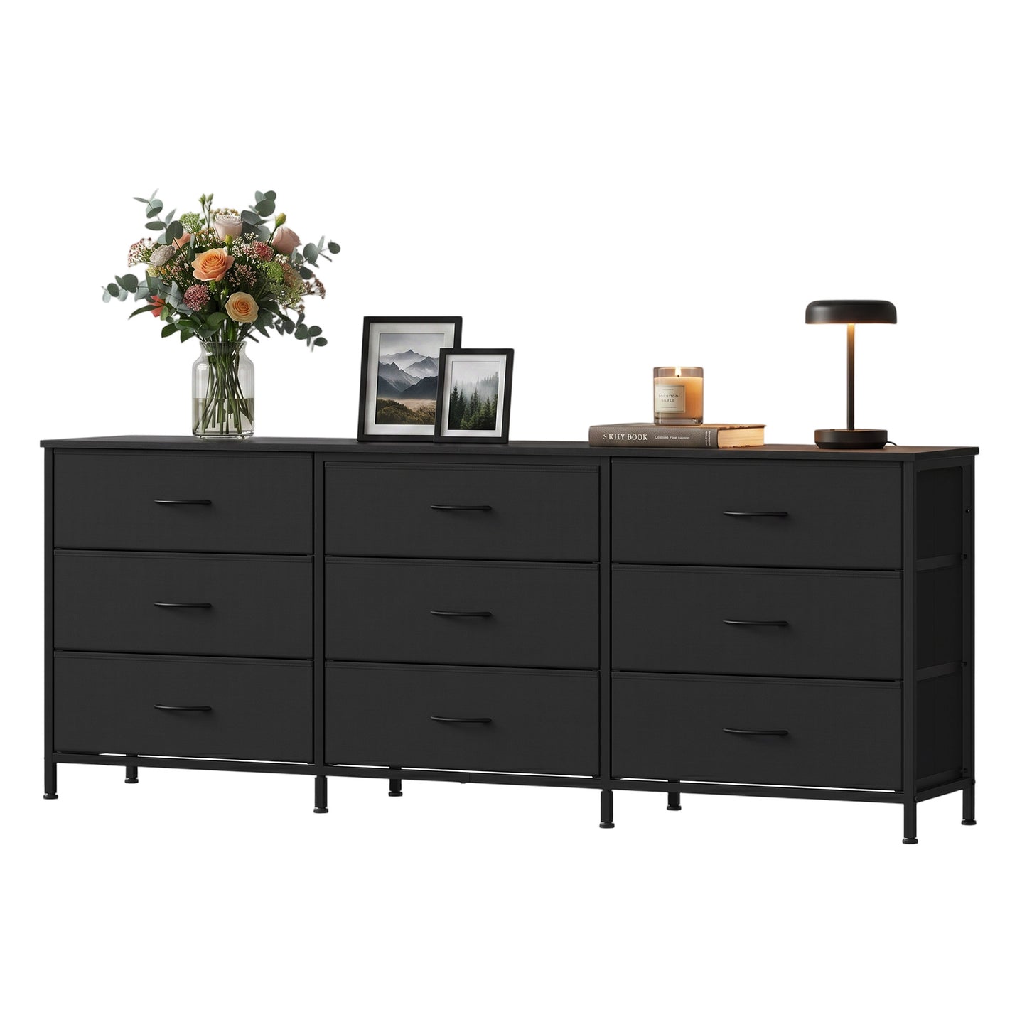 9-Drawer Dresser, TV Stand, Modern Basic Chest of Drawers, 68.4 x 13.8 x 26.8 Inches, Black