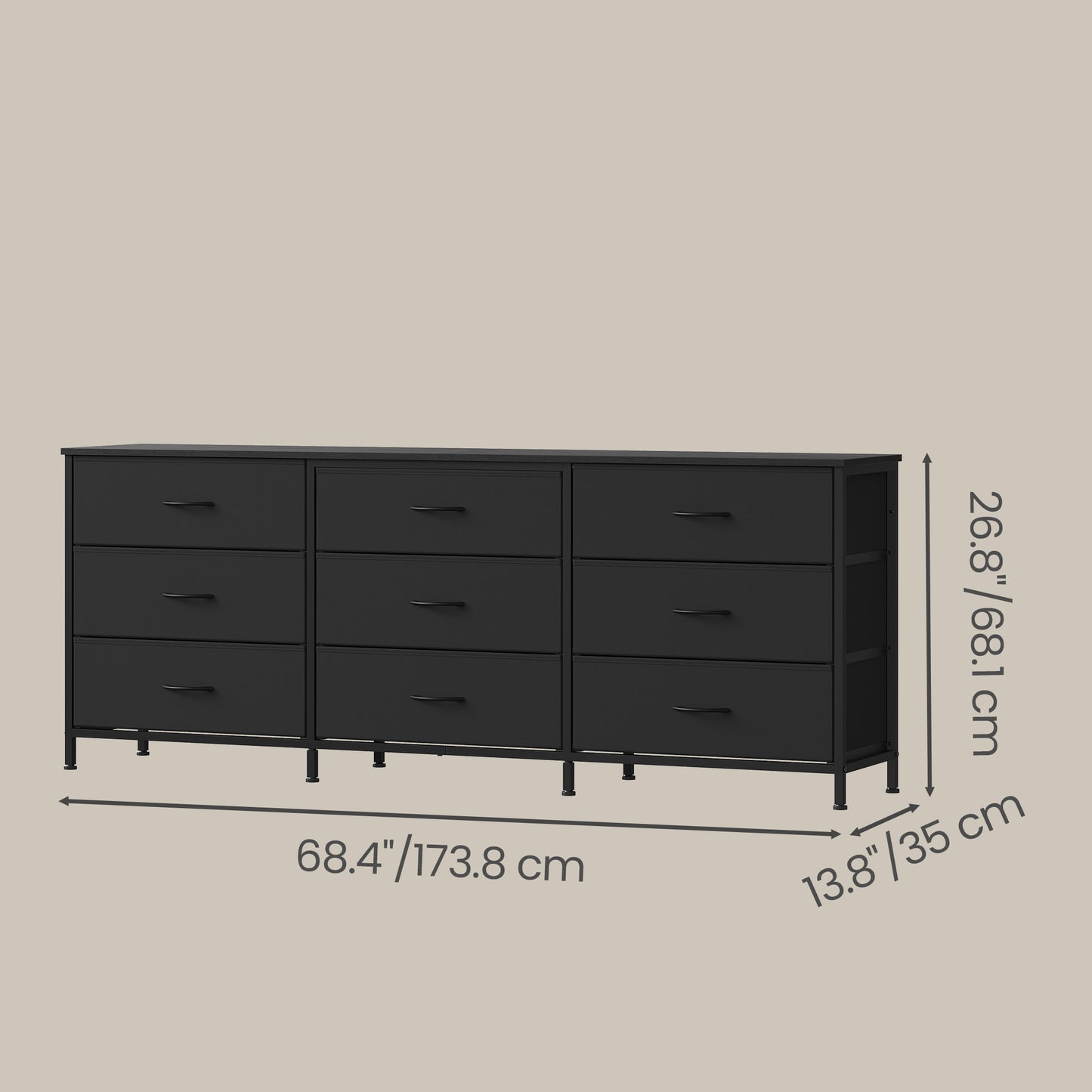 9-Drawer Dresser, TV Stand, Modern Basic Chest of Drawers, 68.4 x 13.8 x 26.8 Inches, Black