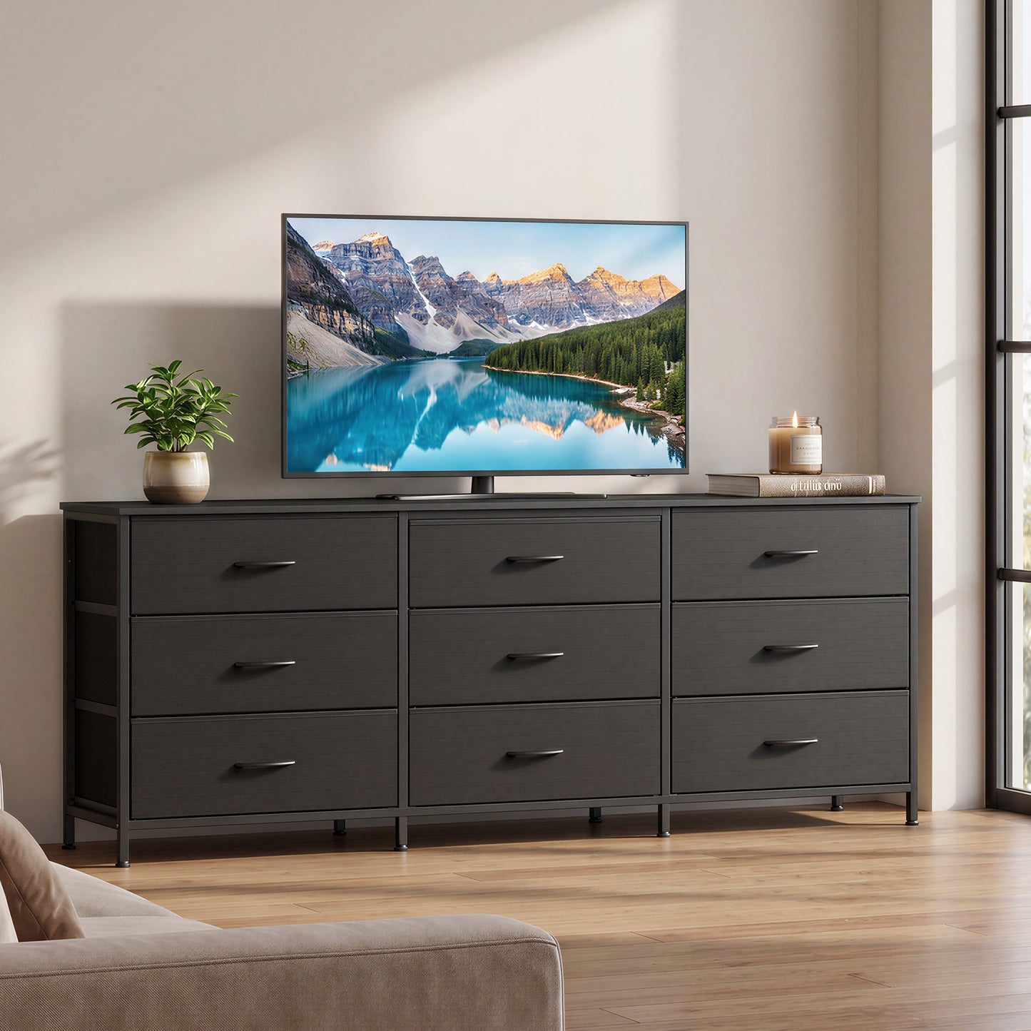 9-Drawer Dresser, TV Stand, Modern Basic Chest of Drawers, 68.4 x 13.8 x 26.8 Inches, Black