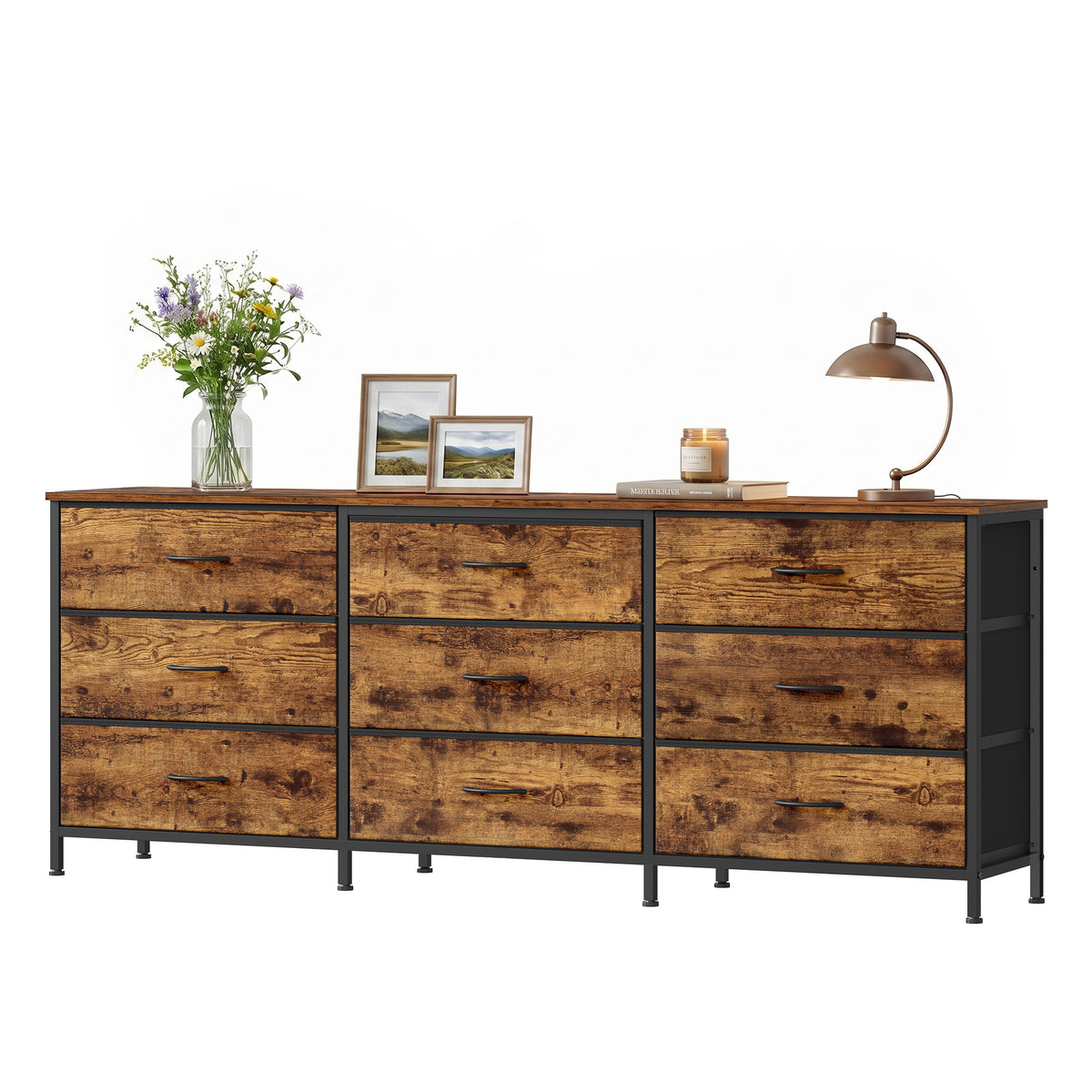 9-Drawer Dresser, TV Stand, Modern Basic Chest of Drawers, 68.4 x 13.8 x 26.8 Inches, Tan