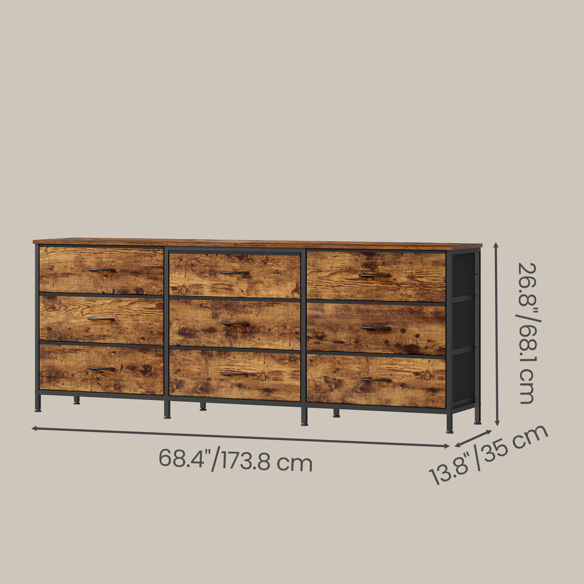 9-Drawer Dresser, TV Stand, Modern Basic Chest of Drawers, 68.4 x 13.8 x 26.8 Inches, Tan