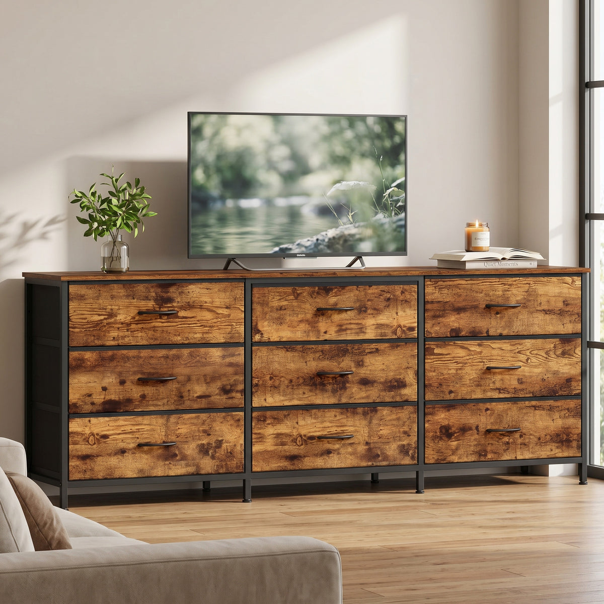 9-Drawer Dresser, TV Stand, Modern Basic Chest of Drawers, 68.4 x 13.8 x 26.8 Inches, Tan