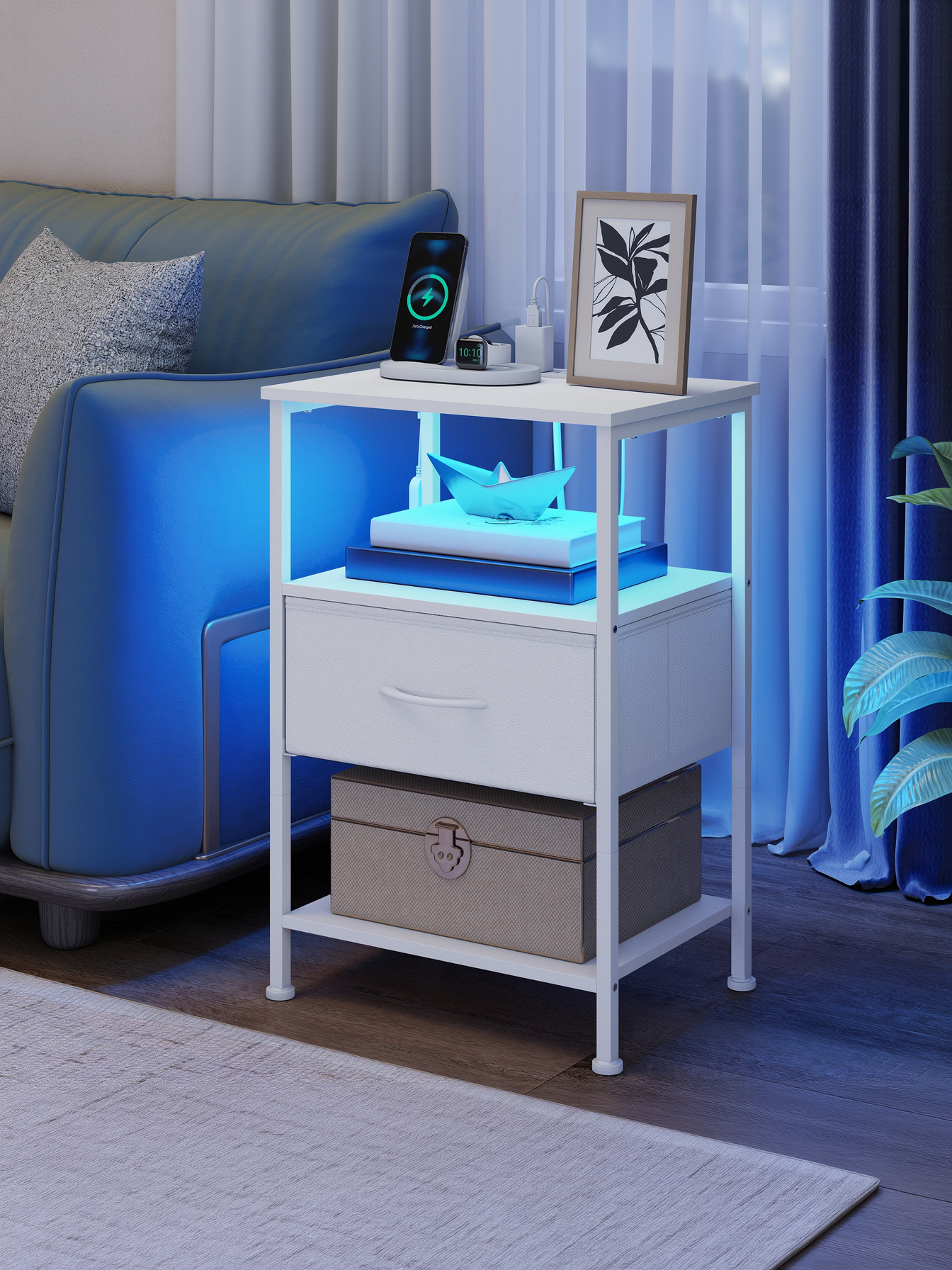 Nightstand with Charging Station & App-Controlled LED Lights, Bed Side Table with 1 Drawer and 2 Open Shelves, Cloud White and Snow White
