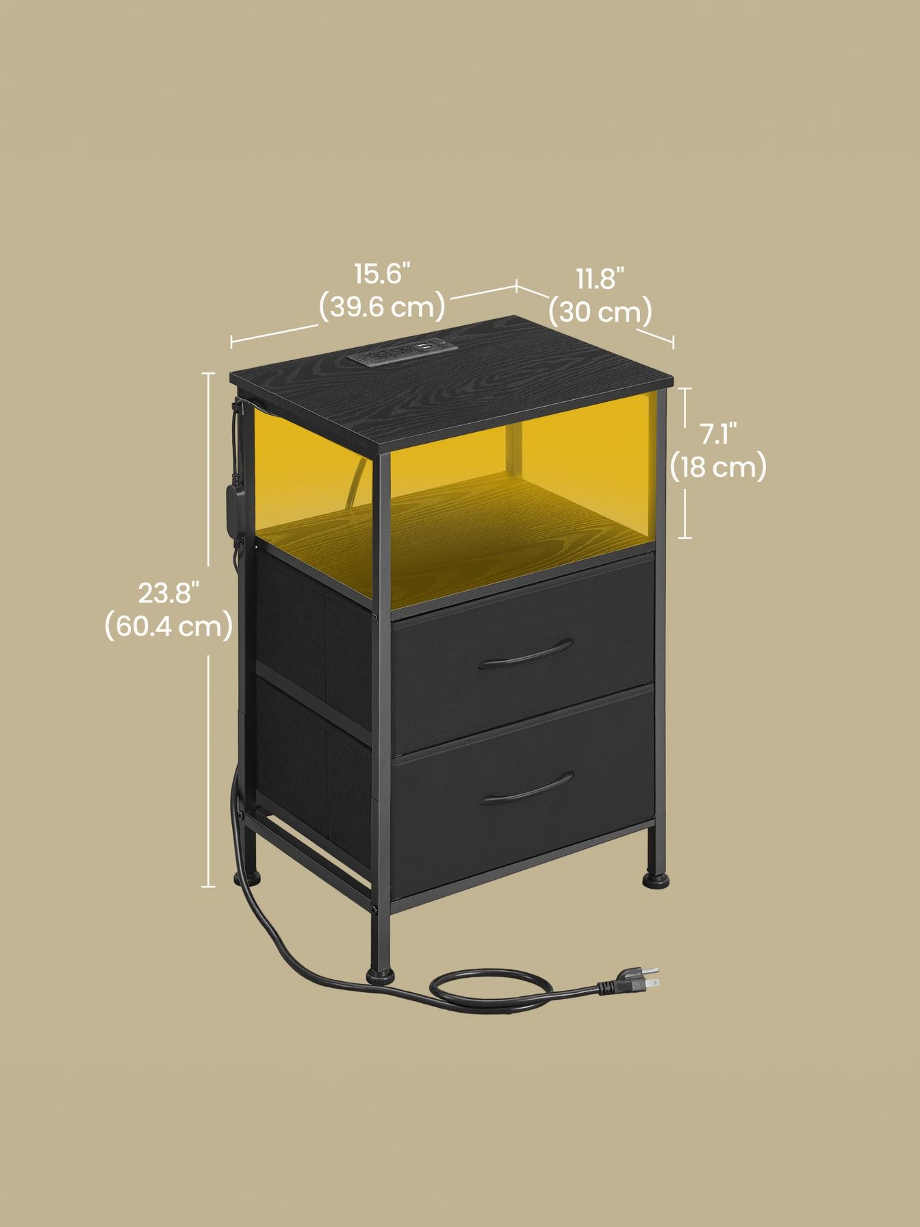 Nightstand with Charging Station & App-Controlled LED Lights, Bed Side Table with 2 Drawers and 1 Open Shelf, Ink Black and Ebony Black