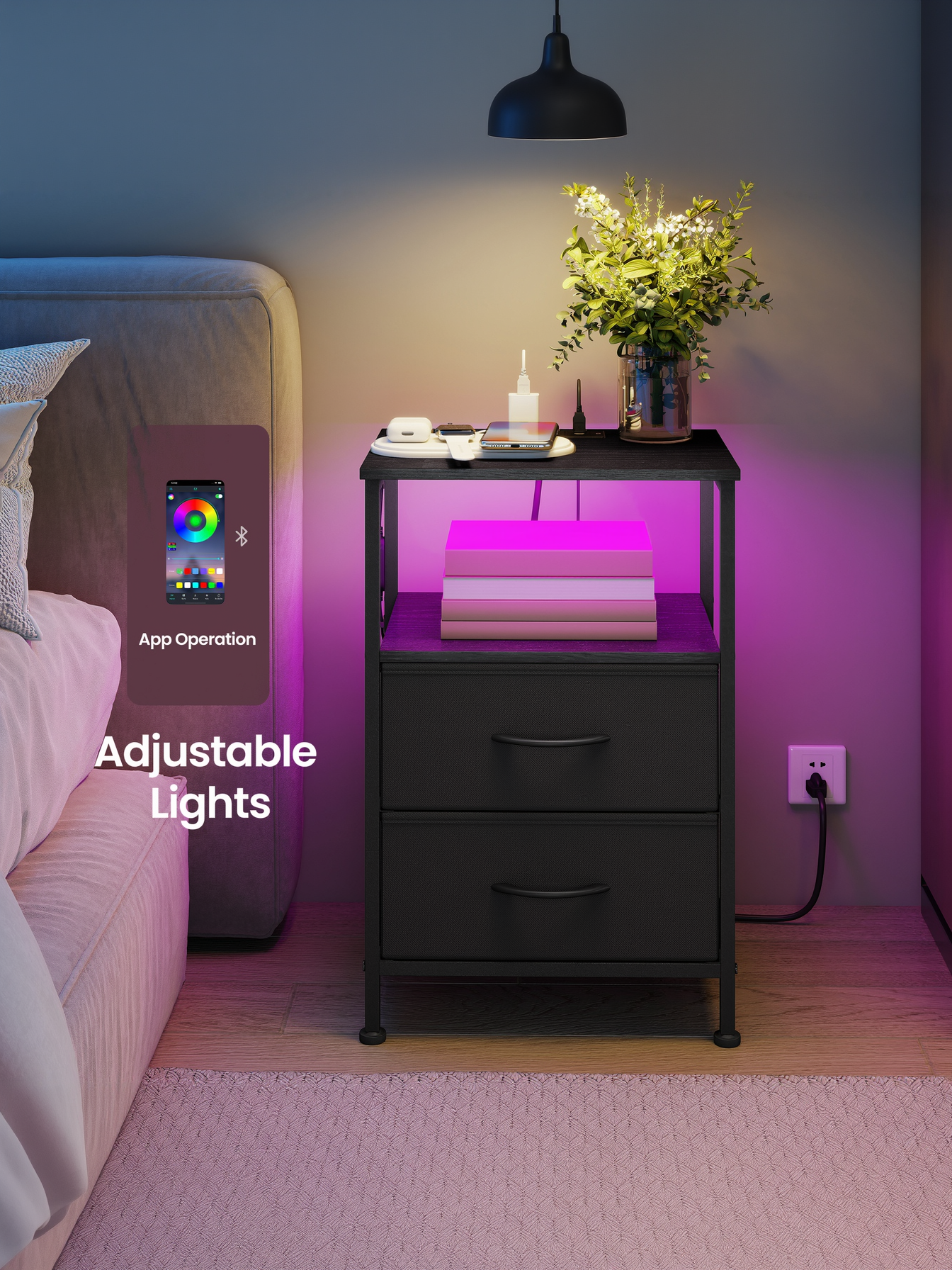 Nightstand with Charging Station & App-Controlled LED Lights, Bed Side Table with 2 Drawers and 1 Open Shelf, Ink Black and Ebony Black