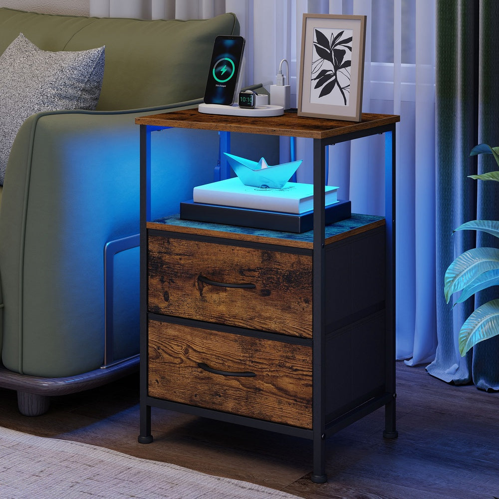 Nightstand with Charging Station & App-Controlled LED Lights, Bed Side Table with 2 Drawers and 1 Open Shelf, Rustic Brown and Ink Black