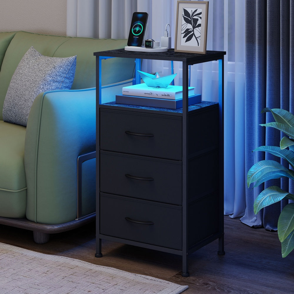 Nightstand with Charging Station & App-Controlled LED Lights, Bed Side Table with 3 Drawers and 1 Open Shelf, Ink Black and Ebony Black