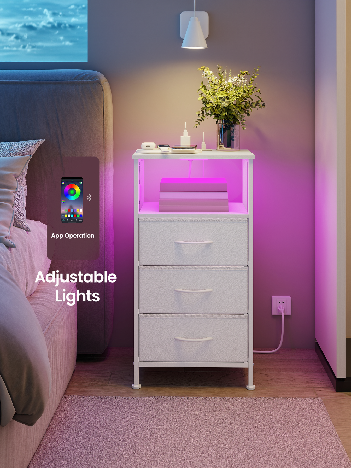 Nightstand with Charging Station & App-Controlled LED Lights, Bed Side Table with 3 Drawers and 1 Open Shelf, Cloud White and Snow White