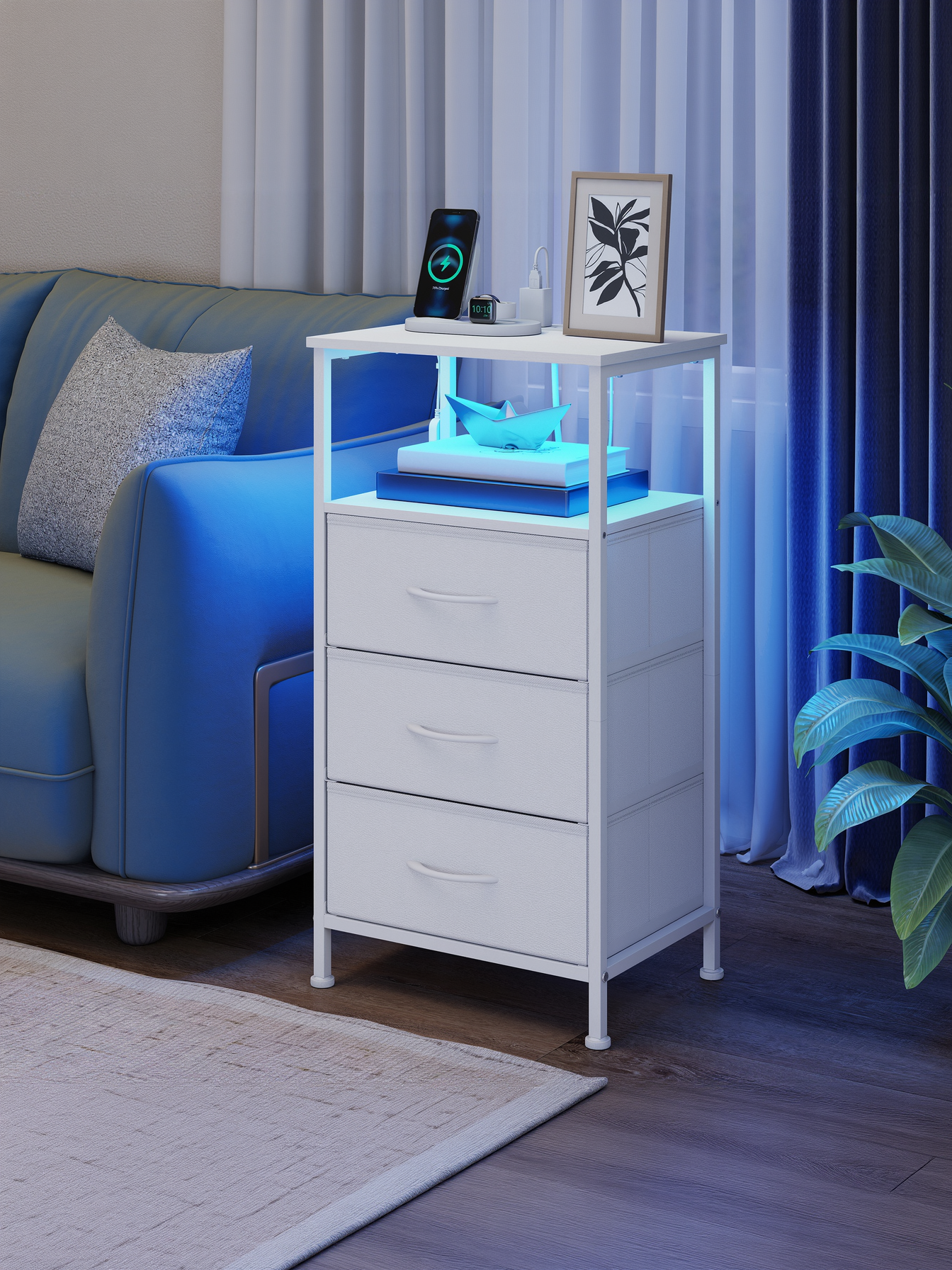 Nightstand with Charging Station & App-Controlled LED Lights, Bed Side Table with 3 Drawers and 1 Open Shelf, Cloud White and Snow White