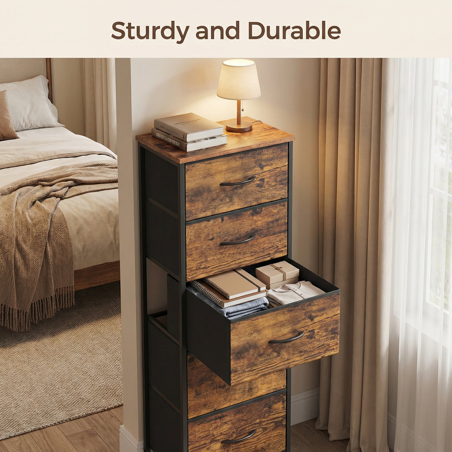 5-Drawer Fabric Dresser with Steel Frame, 66 lb Top Load Storage Organizer for Bedroom Closet, Rustic Brown and Black