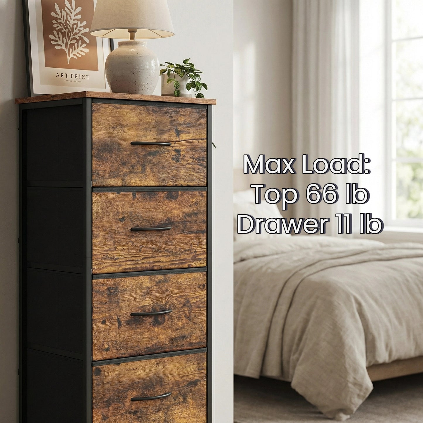 5-Drawer Fabric Dresser with Steel Frame, 66 lb Top Load Storage Organizer for Bedroom Closet, Rustic Brown and Black