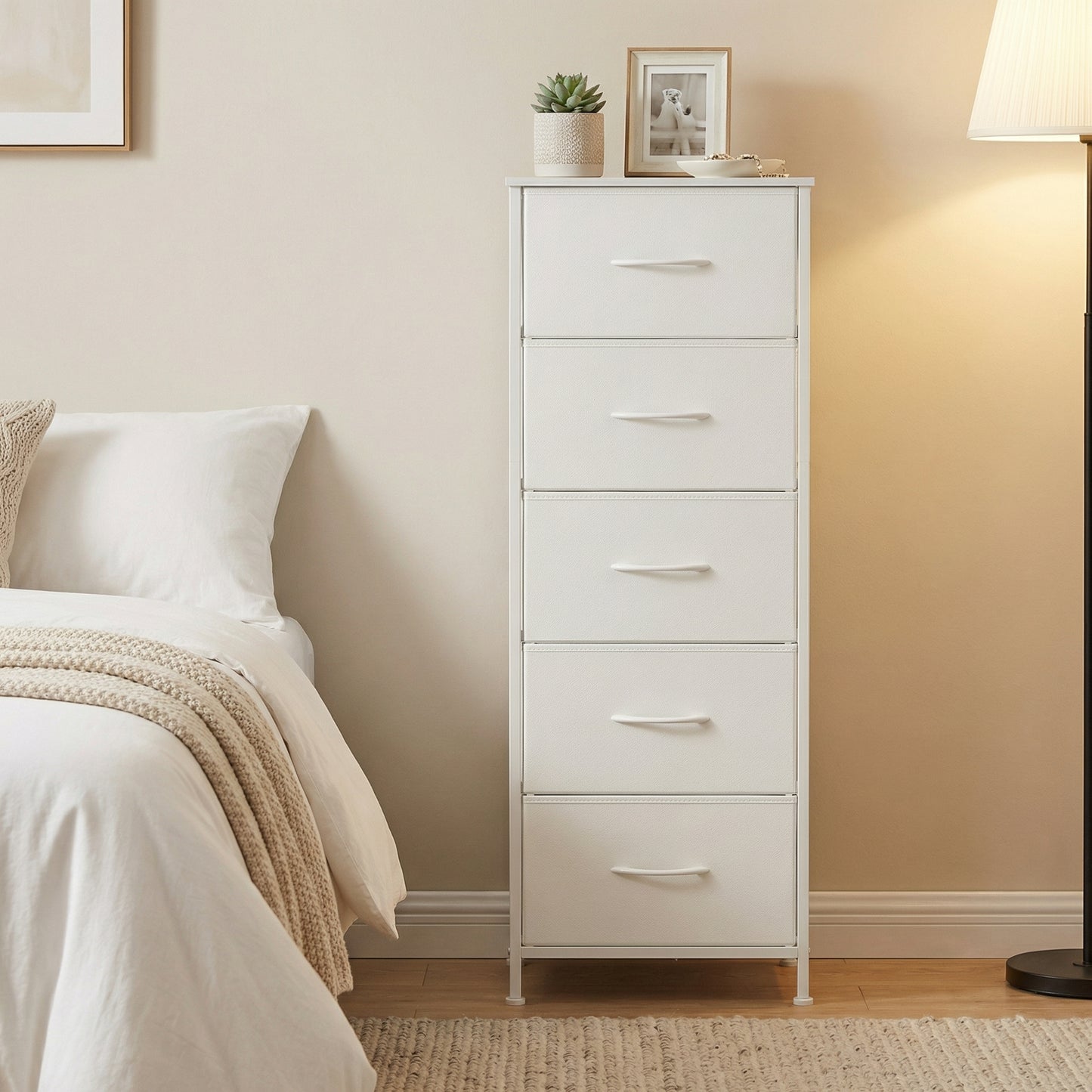 5-Drawer Fabric Dresser with Steel Frame, 66 lb Top Load Storage Organizer for Bedroom Closet, Cloud White