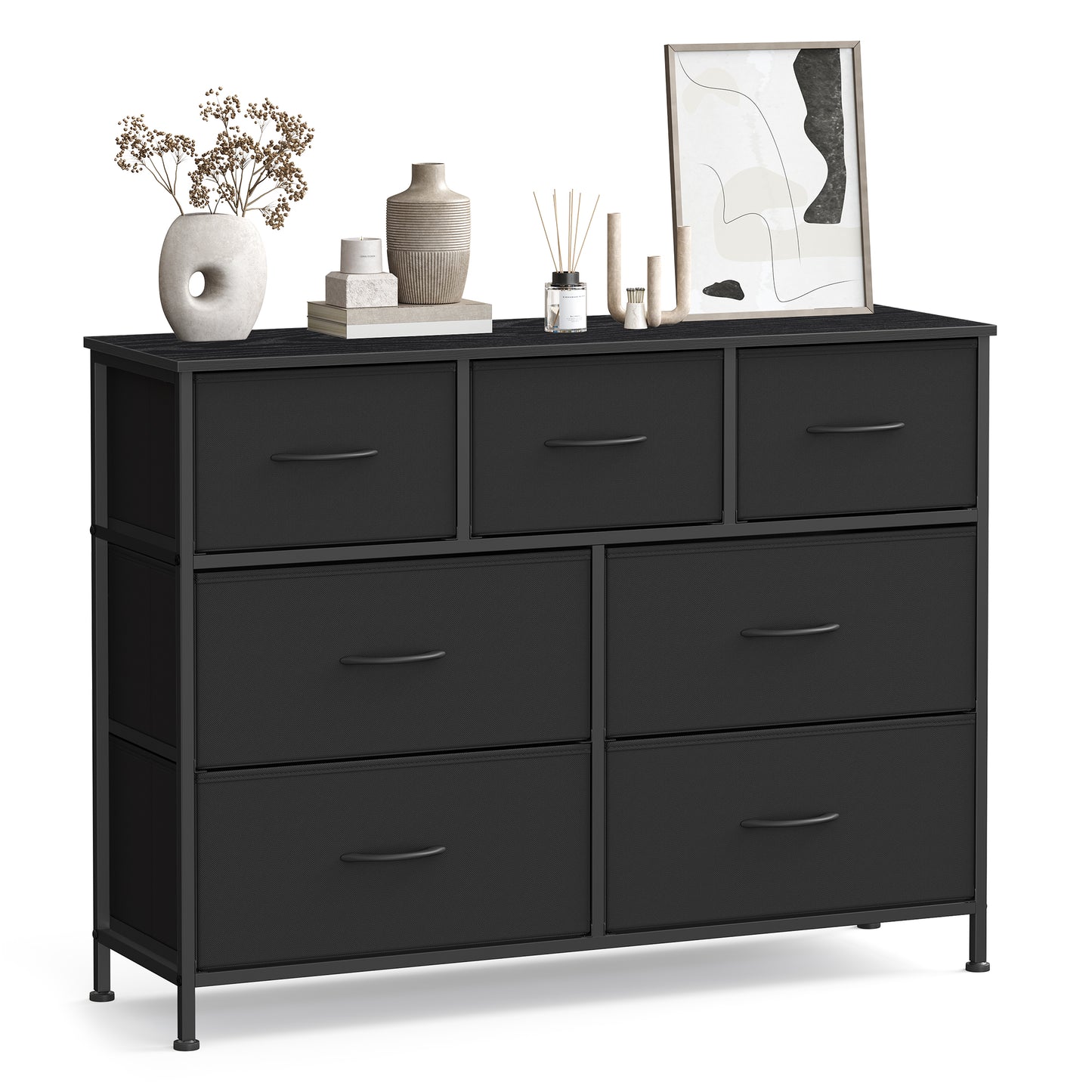 7-Drawer Chest of Drawers for Bedroom, Storage Tower Unit with Steel Frame, for Closet Hallway Living Room, Ink Black and Ebony Black