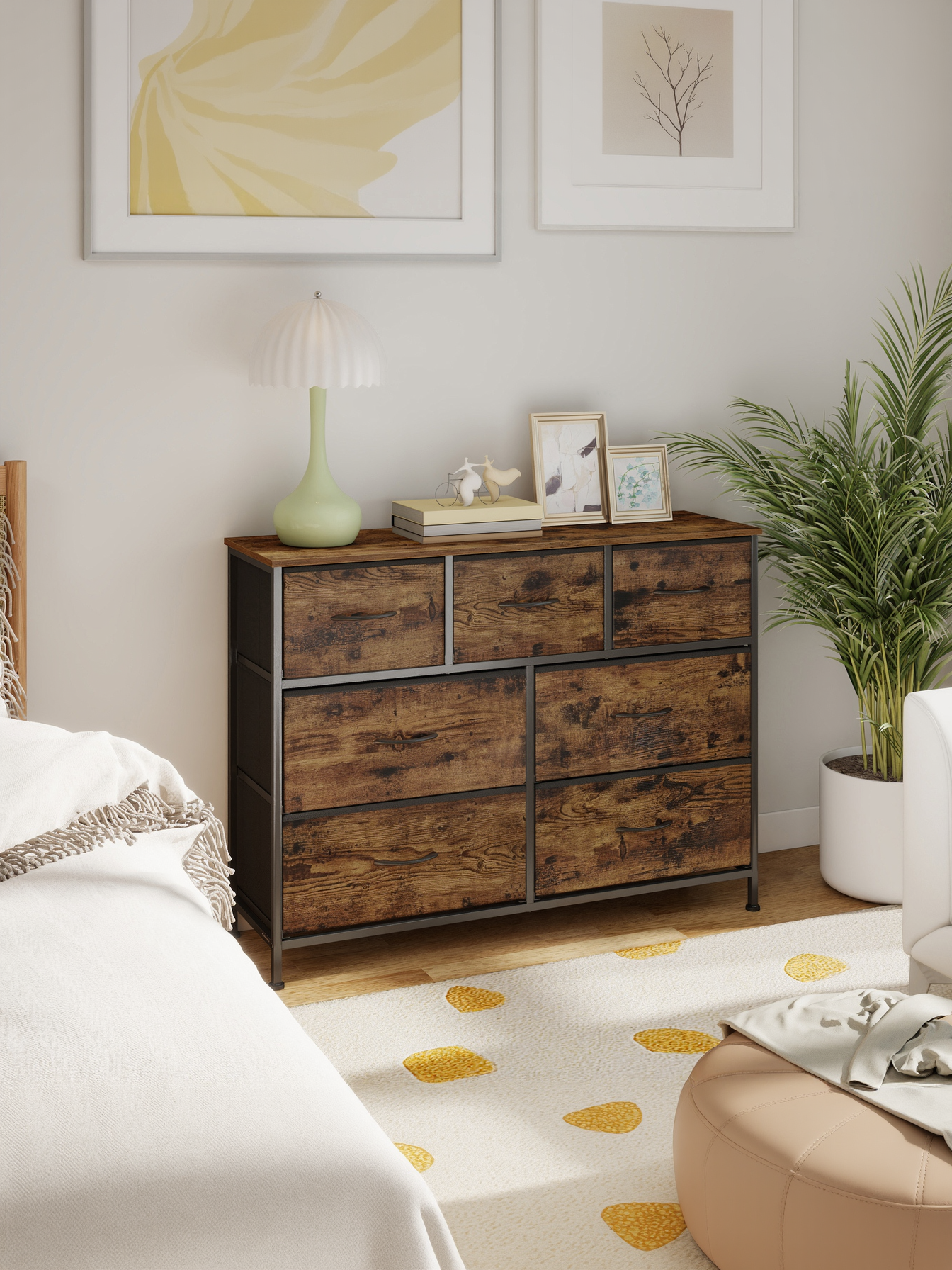 7-Drawer Storage Chest, Steel Frame Fabric Drawer Organizer for Bedroom, Closet and Living Room, Rustic Brown and Ink Black