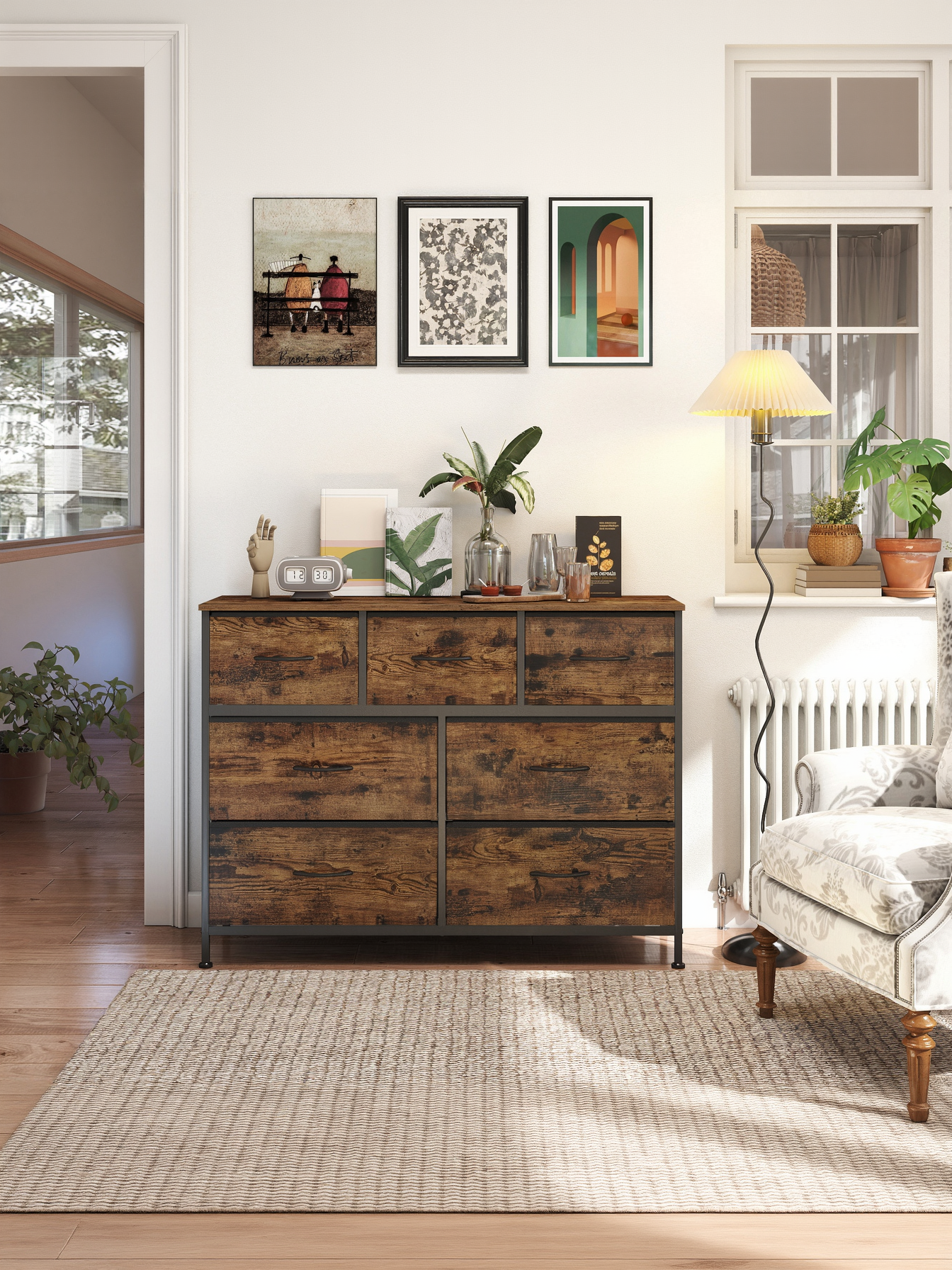 7-Drawer Storage Chest, Steel Frame Fabric Drawer Organizer for Bedroom, Closet and Living Room, Rustic Brown and Ink Black