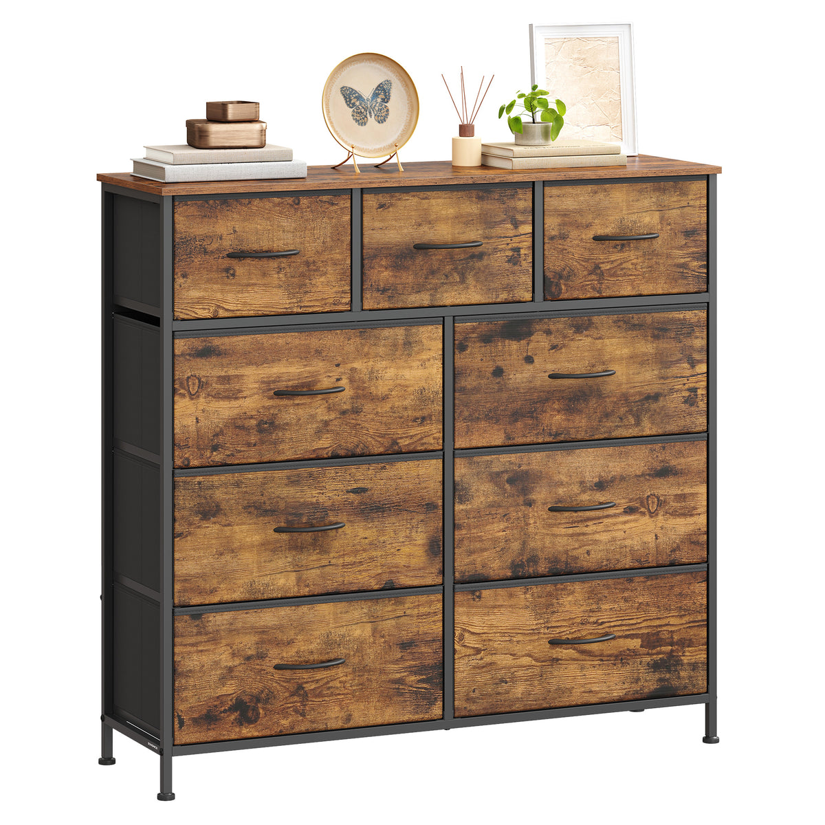 LEDREM Modern 9-Drawer Dresser, Storage Organizer Unit for Bedroom, 38.9 x 11.8 x 37.9 Inches, Black and Tan
