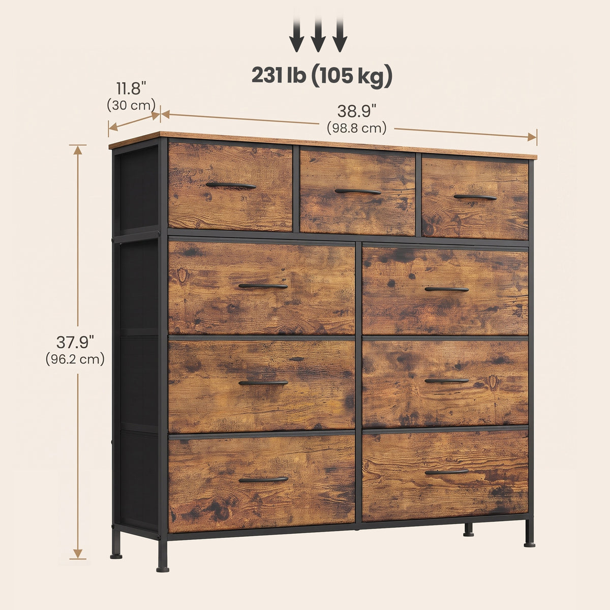 LEDREM Modern 9-Drawer Dresser, Storage Organizer Unit for Bedroom, 38.9 x 11.8 x 37.9 Inches, Black and Tan