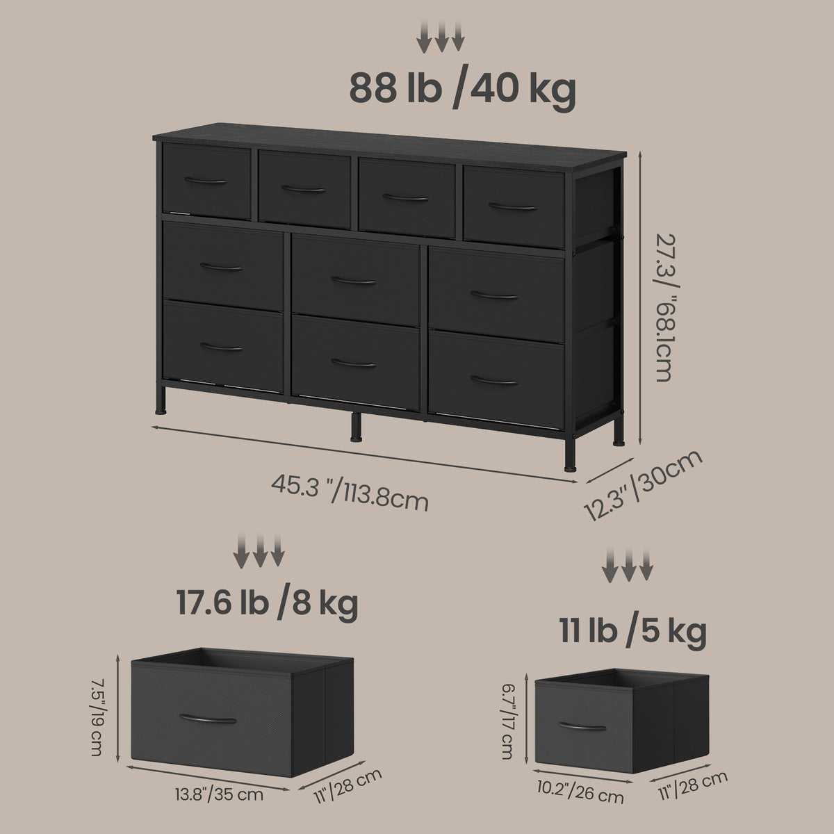 10-Drawer Dresser with Steel Frame, TV Stand for 55" Screens, Storage Chest for Bedroom Living Room, Ink Black