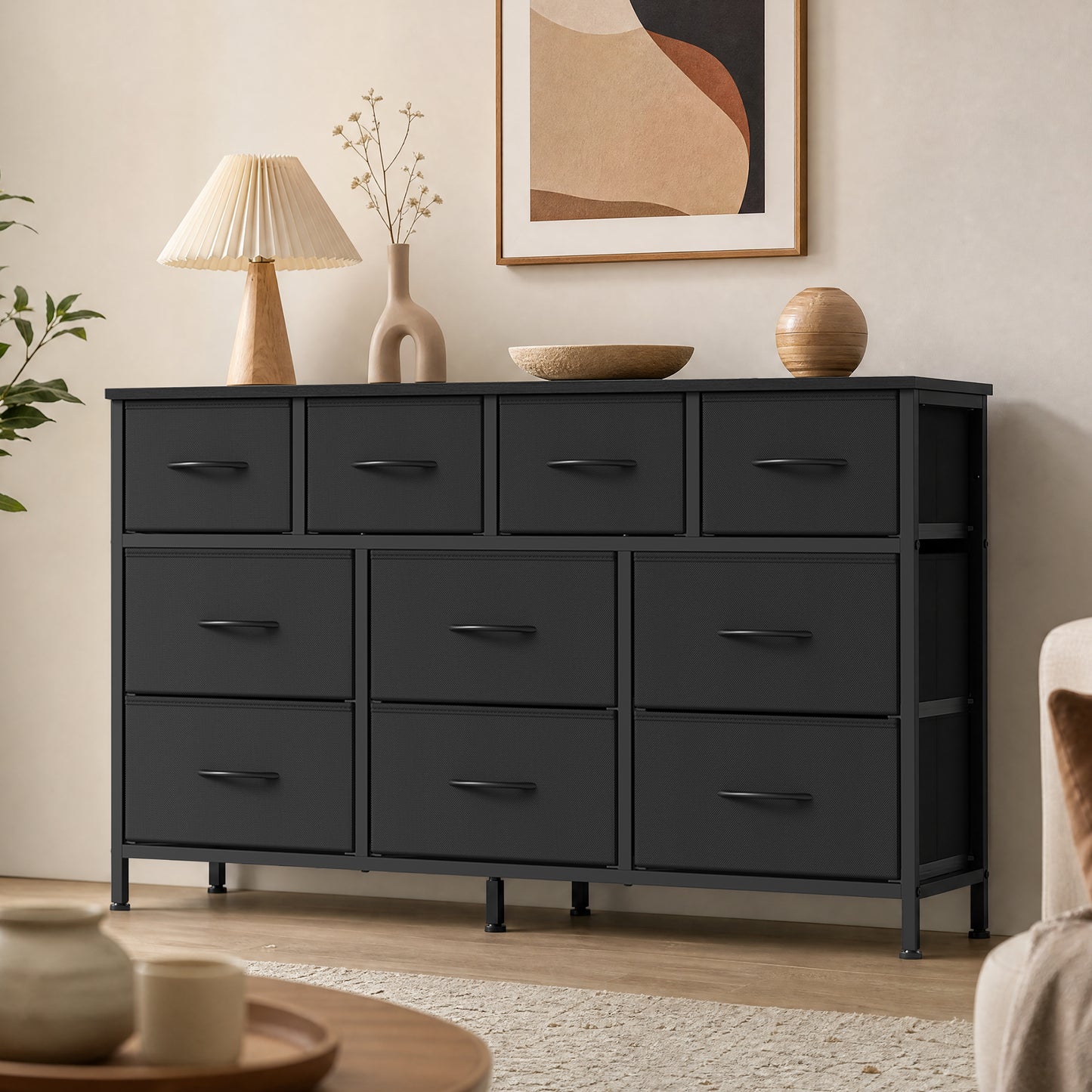 10-Drawer Dresser with Steel Frame, TV Stand for 55" Screens, Storage Chest for Bedroom Living Room, Ink Black