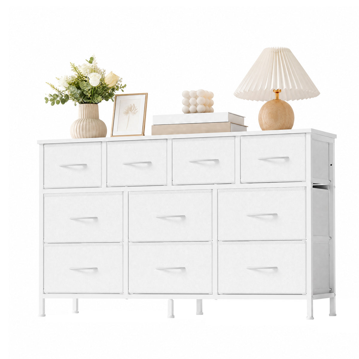 10-Drawer Dresser, TV Stand for 55" Screens, Storage Chest with Steel Frame, for Bedroom Living Room, Cloud White