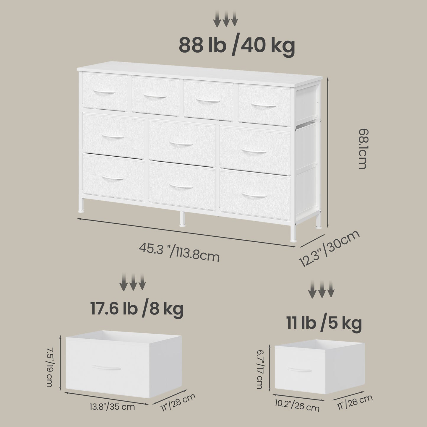 10-Drawer Dresser, TV Stand for 55" Screens, Storage Chest with Steel Frame, for Bedroom Living Room, Cloud White