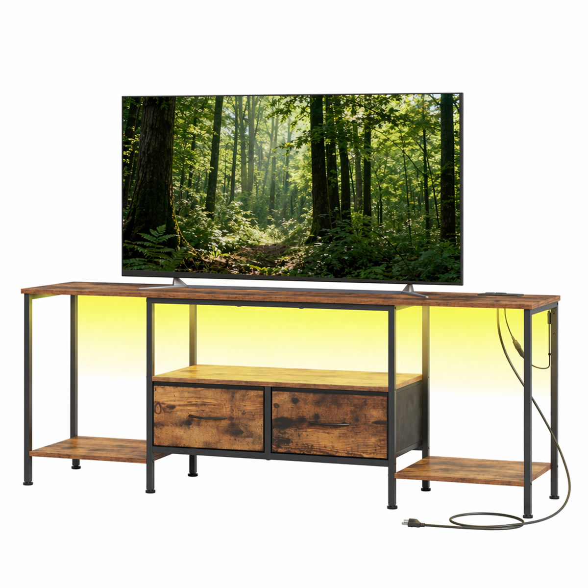 LEDREM TV Stand with LED Lights and Power Outlets, Entertainment Center with 2 Drawers, 61.8 x 13.8 x 23.6 Inches, Rustic Brown