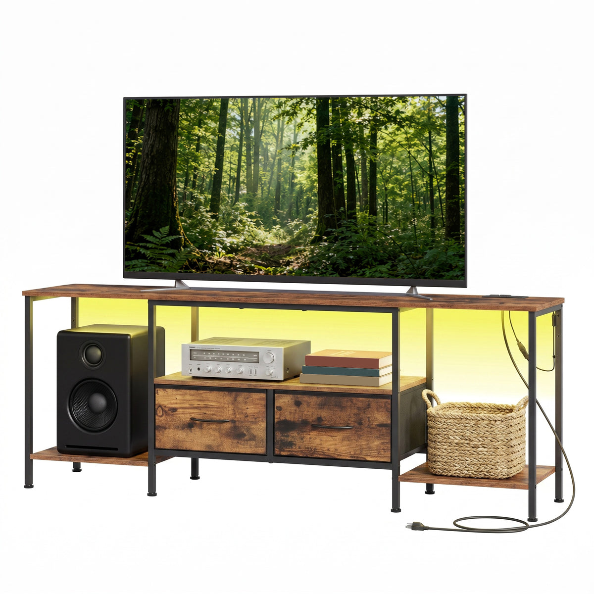 LEDREM TV Stand with LED Lights and Power Outlets, Entertainment Center with 2 Drawers, 61.8 x 13.8 x 23.6 Inches, Rustic Brown