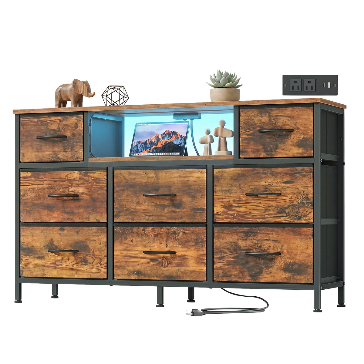 8-Drawer Dresser with LED Lights and Charging Station, TV Stand, 44.8 x 11.8 x 26.8 Inches, Tan