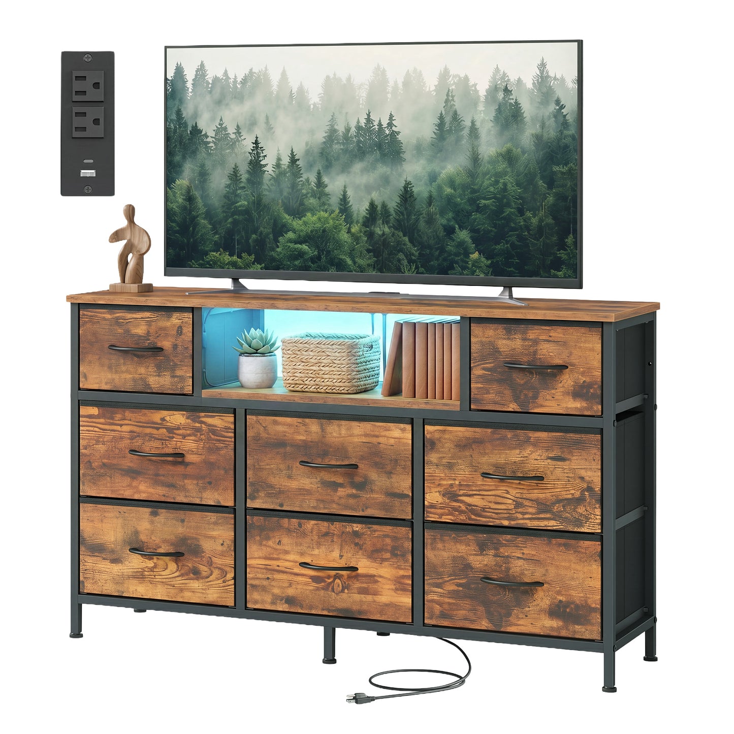 8-Drawer Dresser with LED Lights and Charging Station, TV Stand, 44.8 x 11.8 x 26.8 Inches, Tan