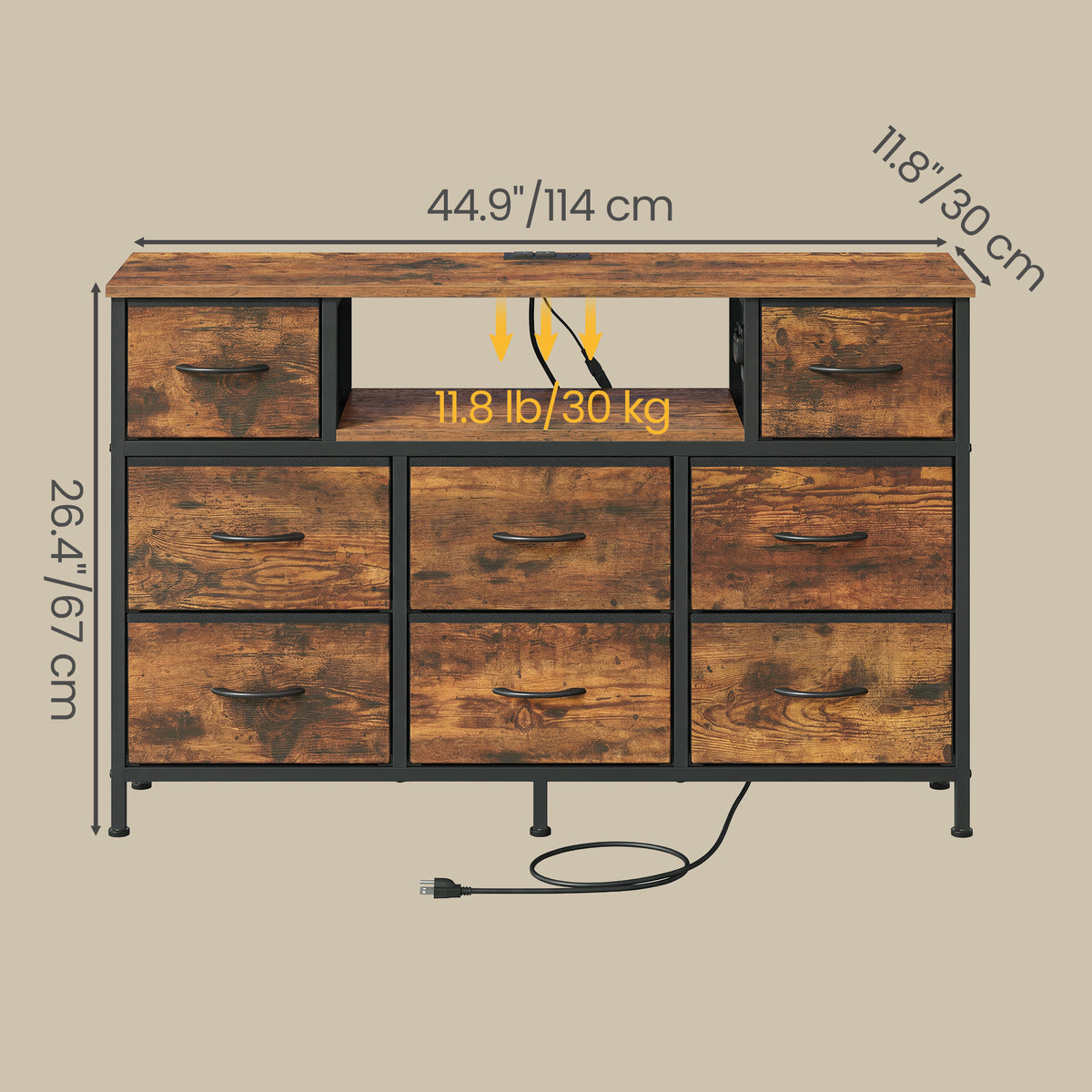 8-Drawer Dresser with LED Lights and Charging Station, TV Stand, 44.8 x 11.8 x 26.8 Inches, Tan