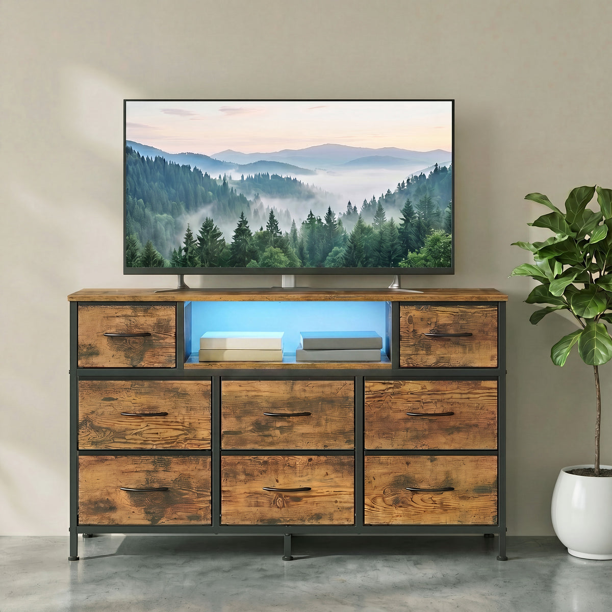 8-Drawer Dresser with LED Lights and Charging Station, TV Stand, 44.8 x 11.8 x 26.8 Inches, Tan