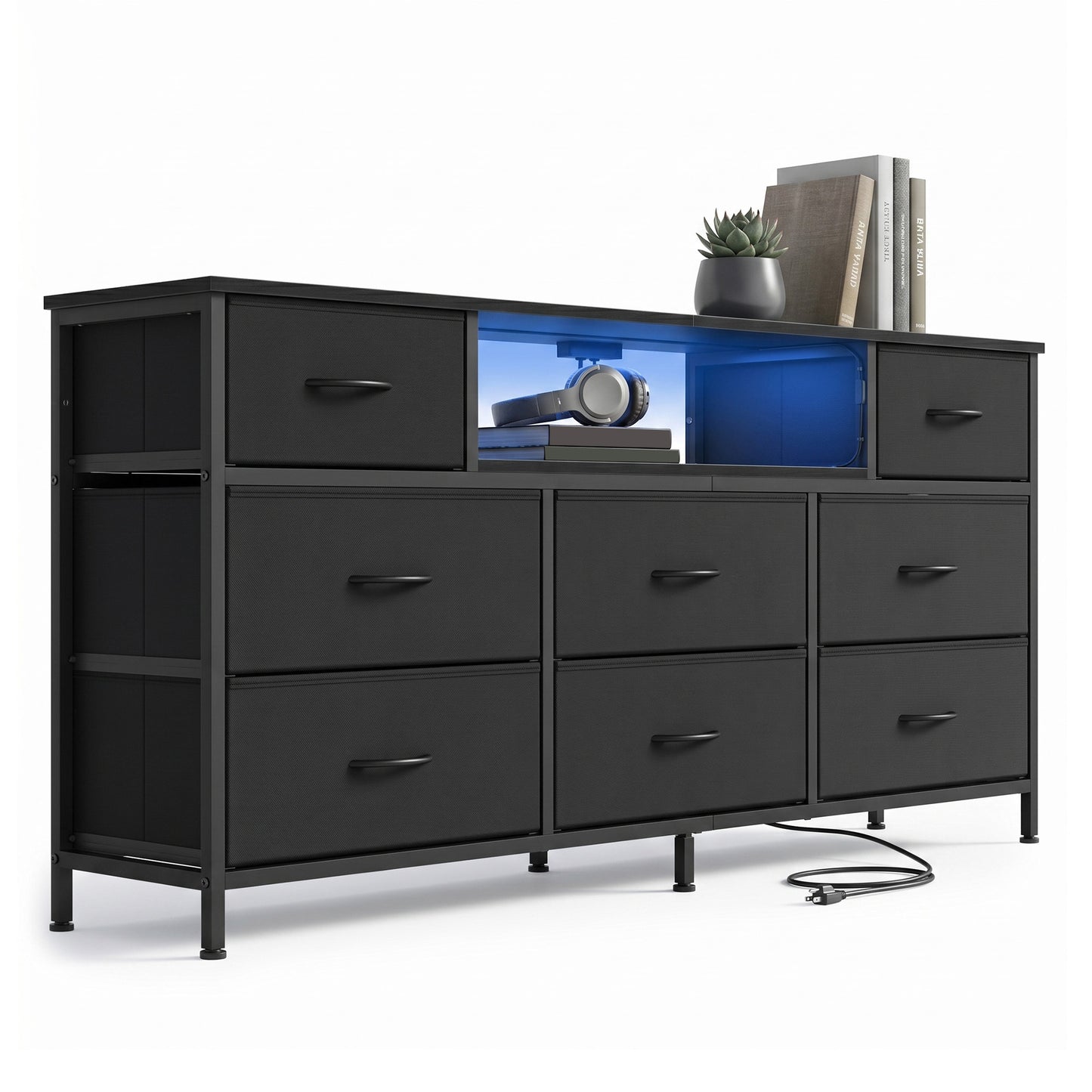 8-Drawer Dresser with LED Lights and Charging Station, TV Stand, 57.8 x 13.8 x 26.8 Inches, Black
