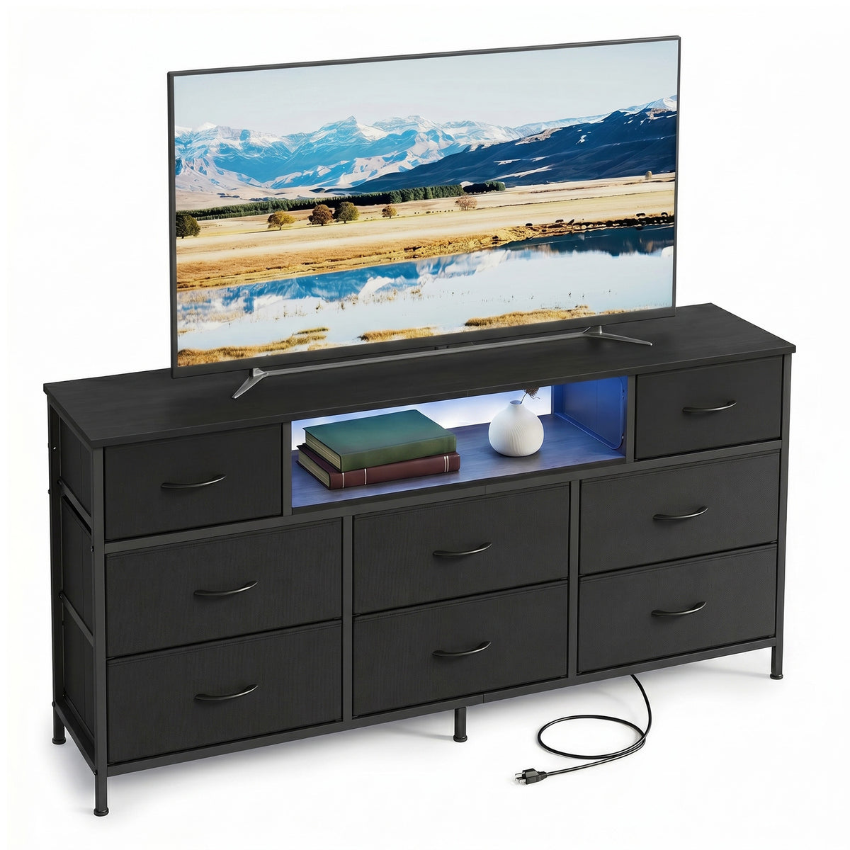 8-Drawer Dresser with LED Lights and Charging Station, TV Stand, 57.8 x 13.8 x 26.8 Inches, Black