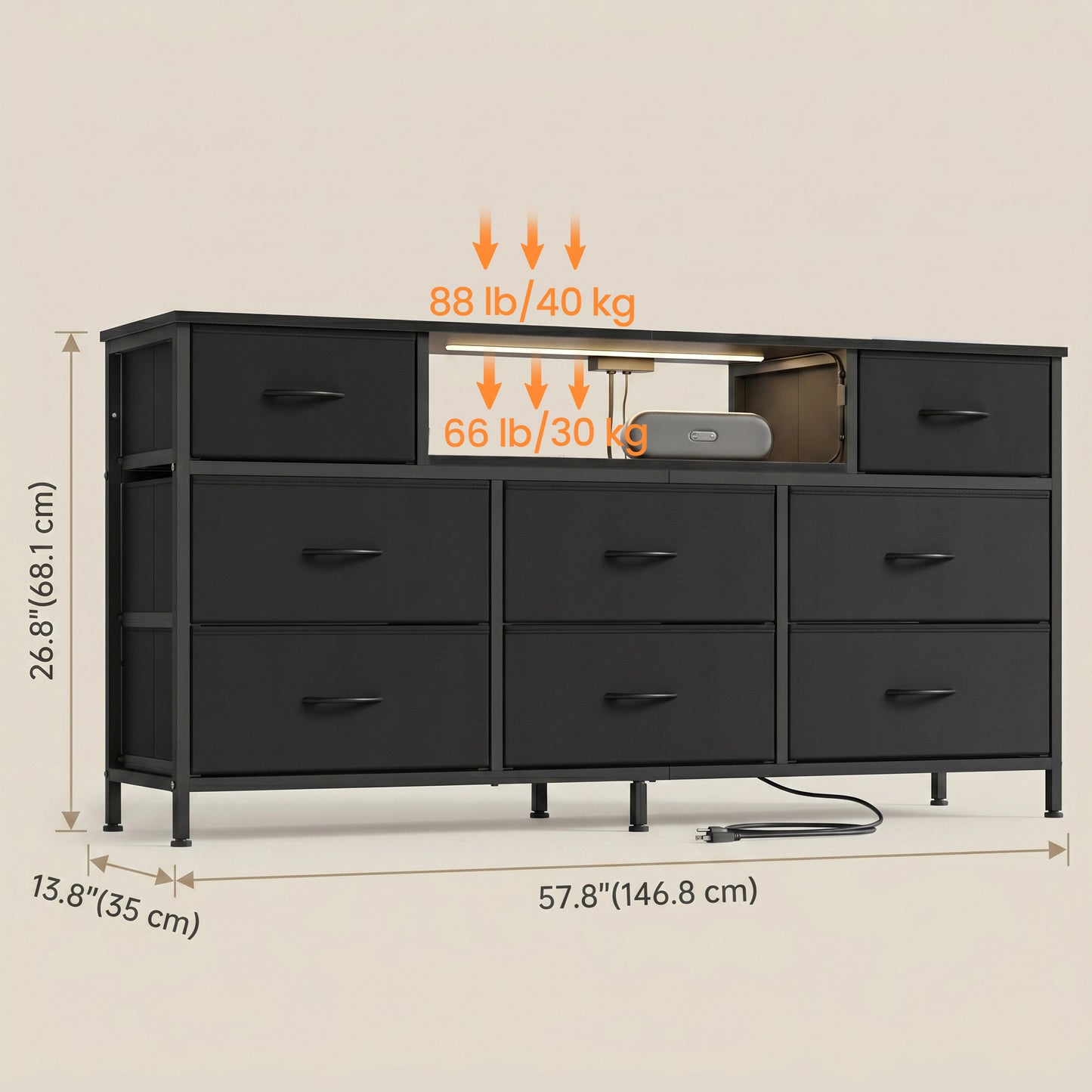 8-Drawer Dresser with LED Lights and Charging Station, TV Stand, 57.8 x 13.8 x 26.8 Inches, Black