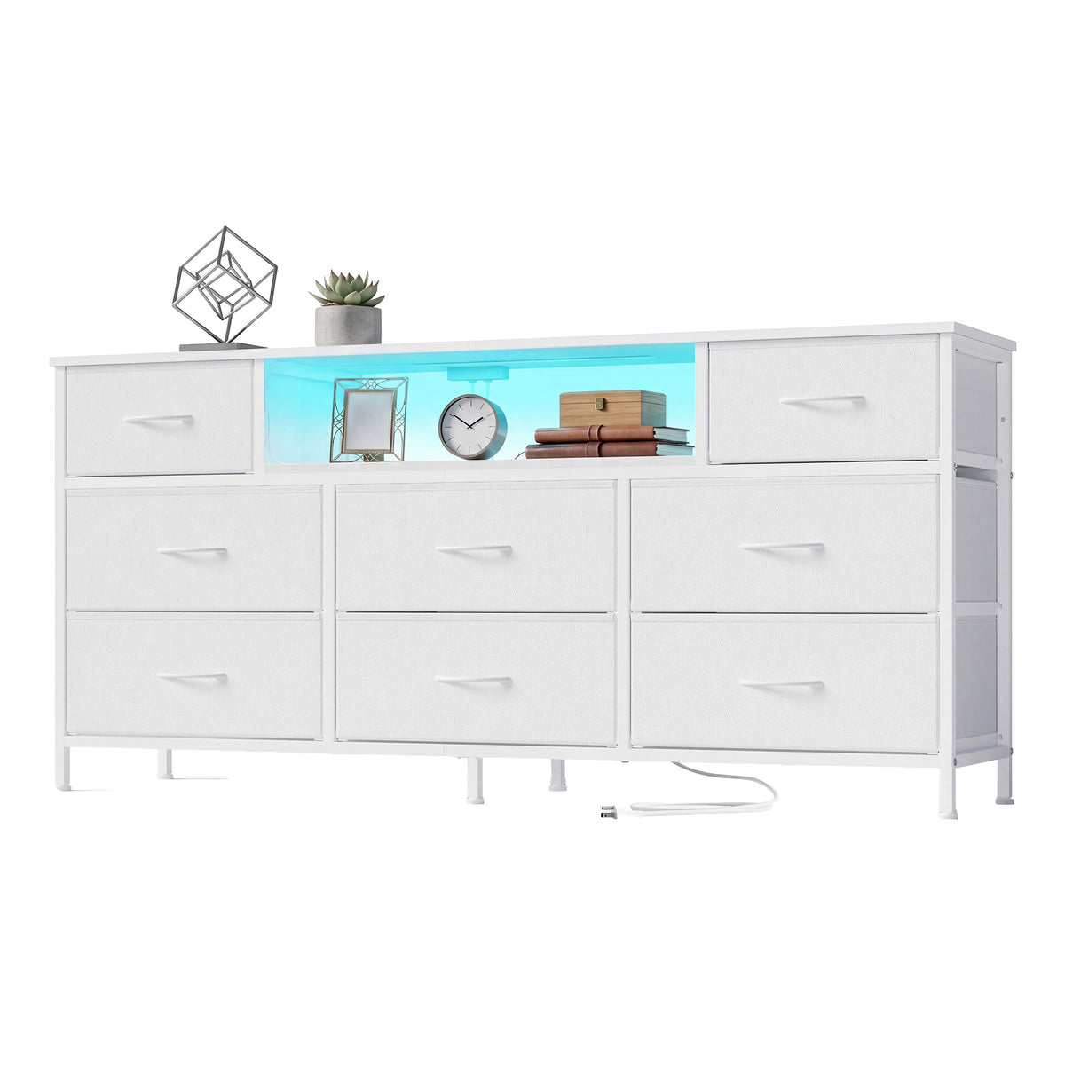8-Drawer Dresser with LED Lights and Charging Station, TV Stand, 57.8 x 13.8 x 26.8 Inches, White