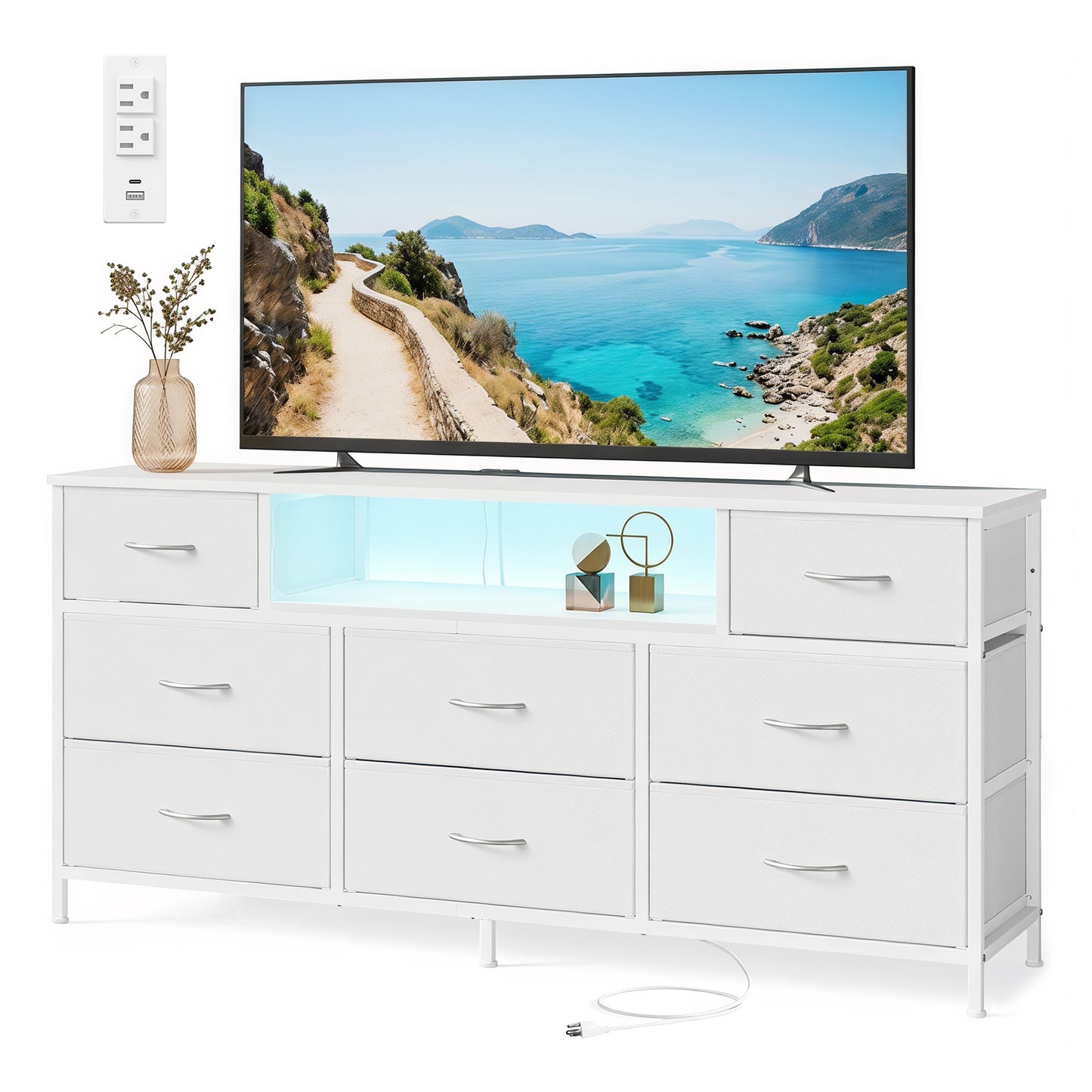 8-Drawer Dresser with LED Lights and Charging Station, TV Stand, 57.8 x 13.8 x 26.8 Inches, White
