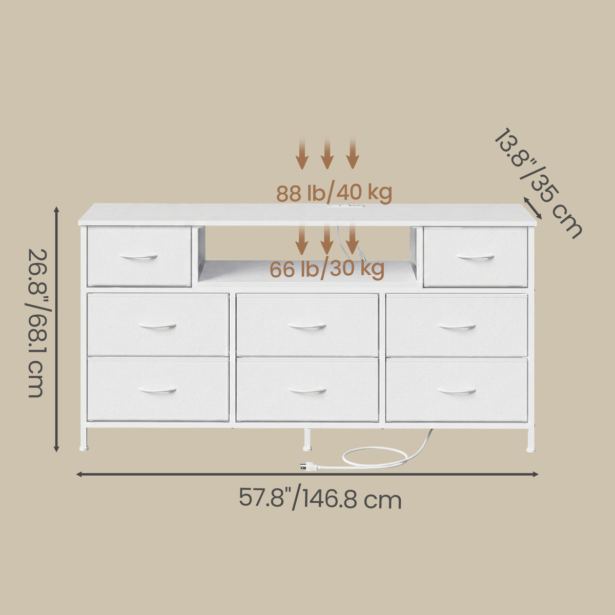 8-Drawer Dresser with LED Lights and Charging Station, TV Stand, 57.8 x 13.8 x 26.8 Inches, White