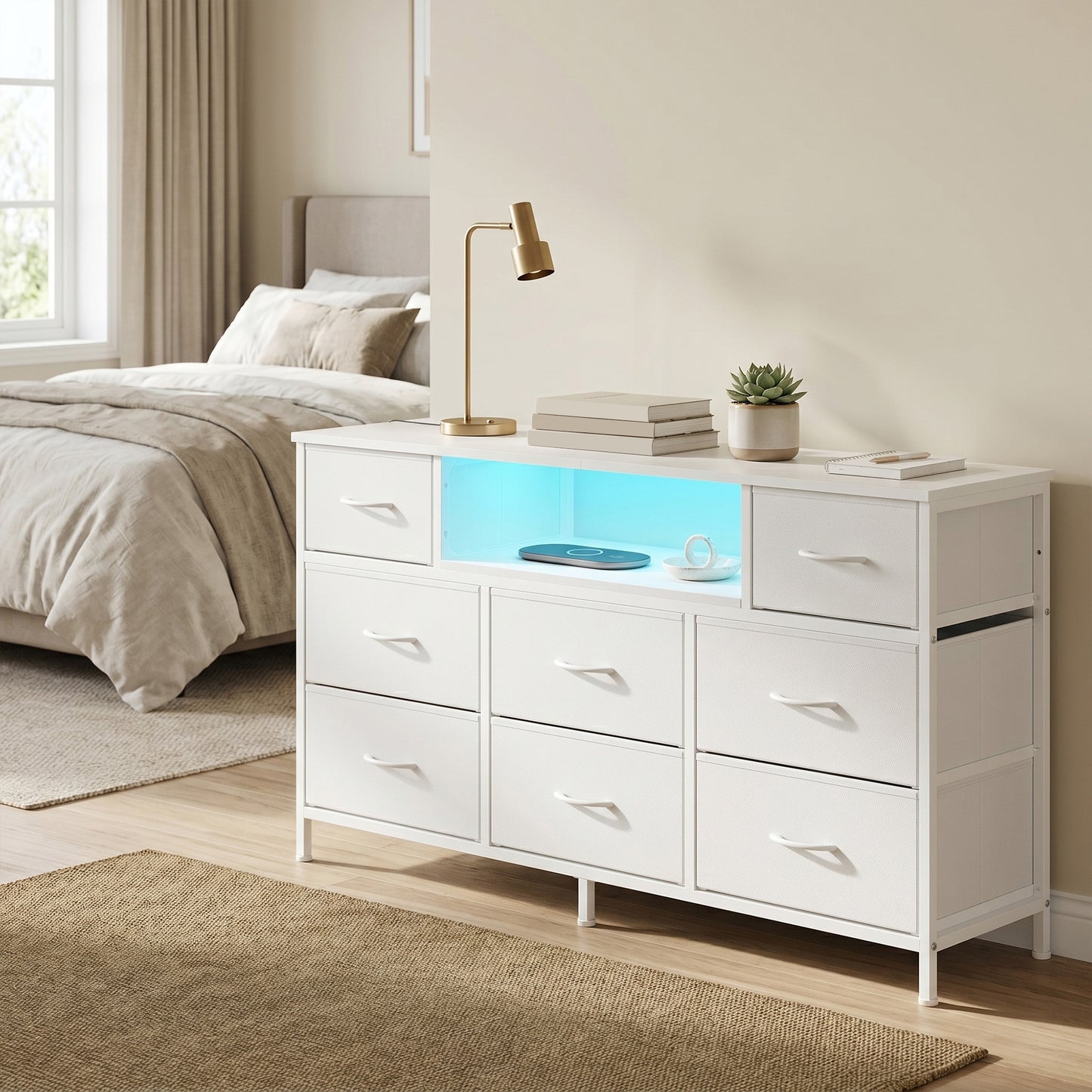 8-Drawer Dresser with LED Lights and Charging Station, TV Stand, 57.8 x 13.8 x 26.8 Inches, White