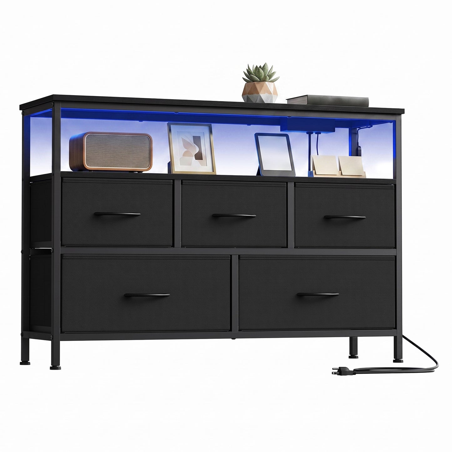 Dresser with Charging Station and LED Lights, 5 Drawers Storage Cabinet, 38.9 x 11.8 x 26.8 inches, Black