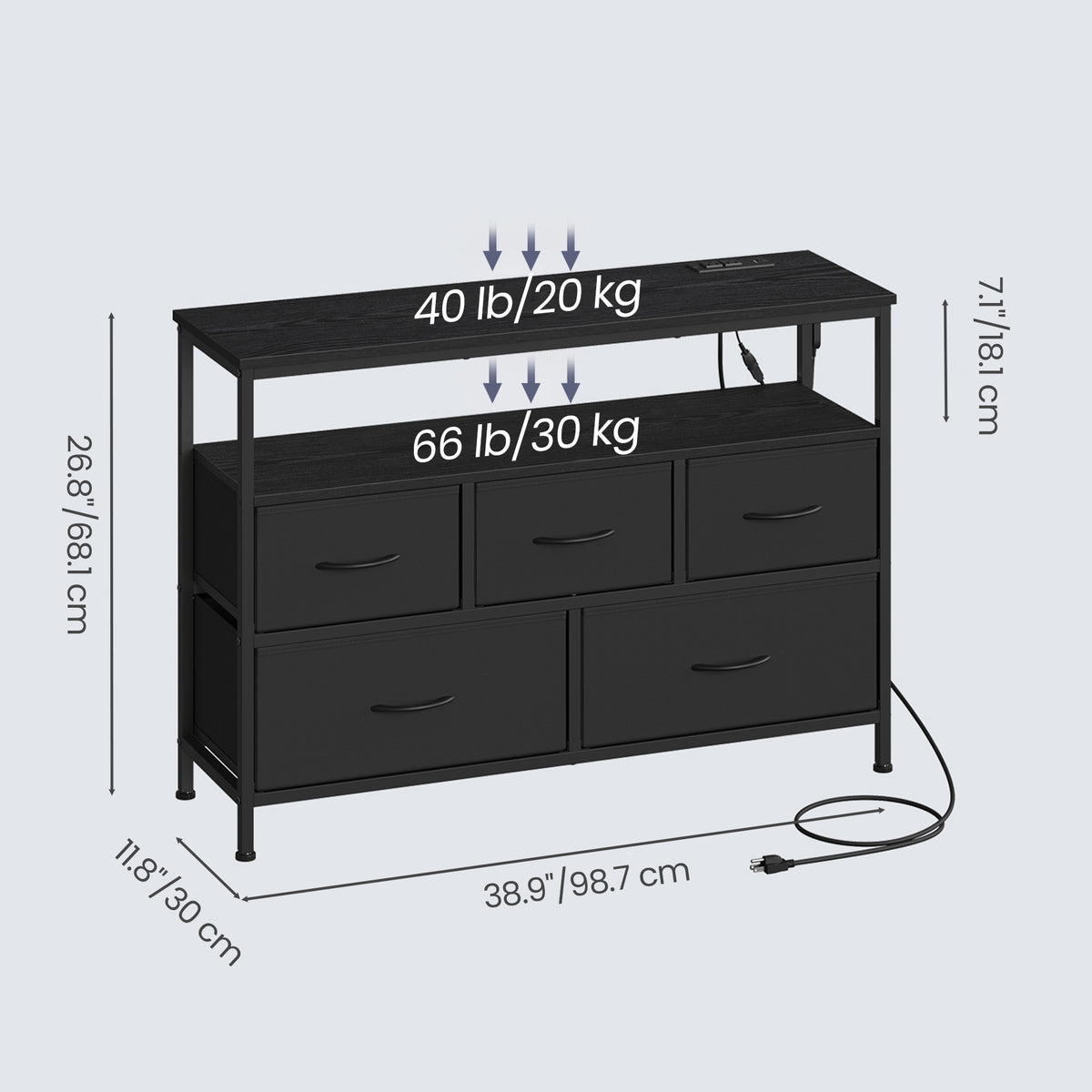 Dresser with Charging Station and LED Lights, 5 Drawers Storage Cabinet, 38.9 x 11.8 x 26.8 inches, Black