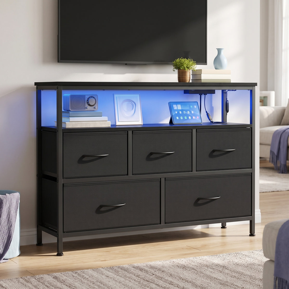Dresser with Charging Station and LED Lights, 5 Drawers Storage Cabinet, 38.9 x 11.8 x 26.8 inches, Black