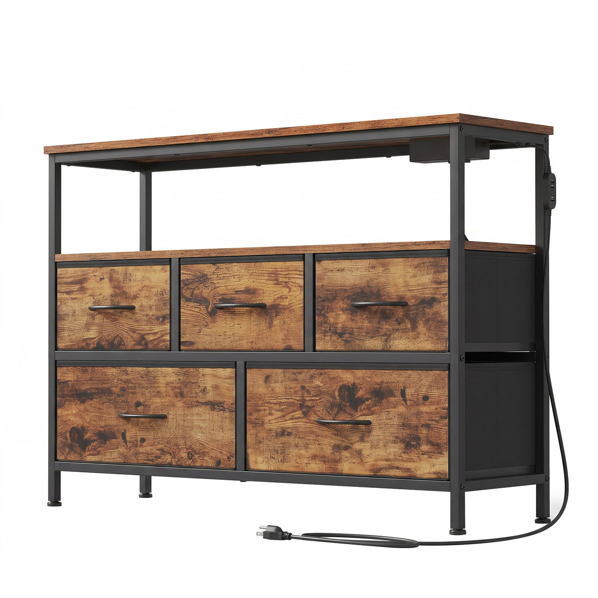 Dresser with Charging Station and LED Lights, 5 Drawers Storage Cabinet, 38.9 x 11.8 x 26.8 inches, Tan and Black