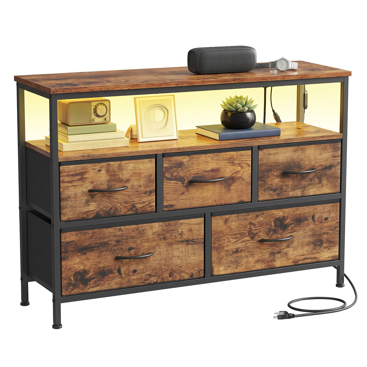 Dresser with Charging Station and LED Lights, 5 Drawers Storage Cabinet, 38.9 x 11.8 x 26.8 inches, Tan and Black