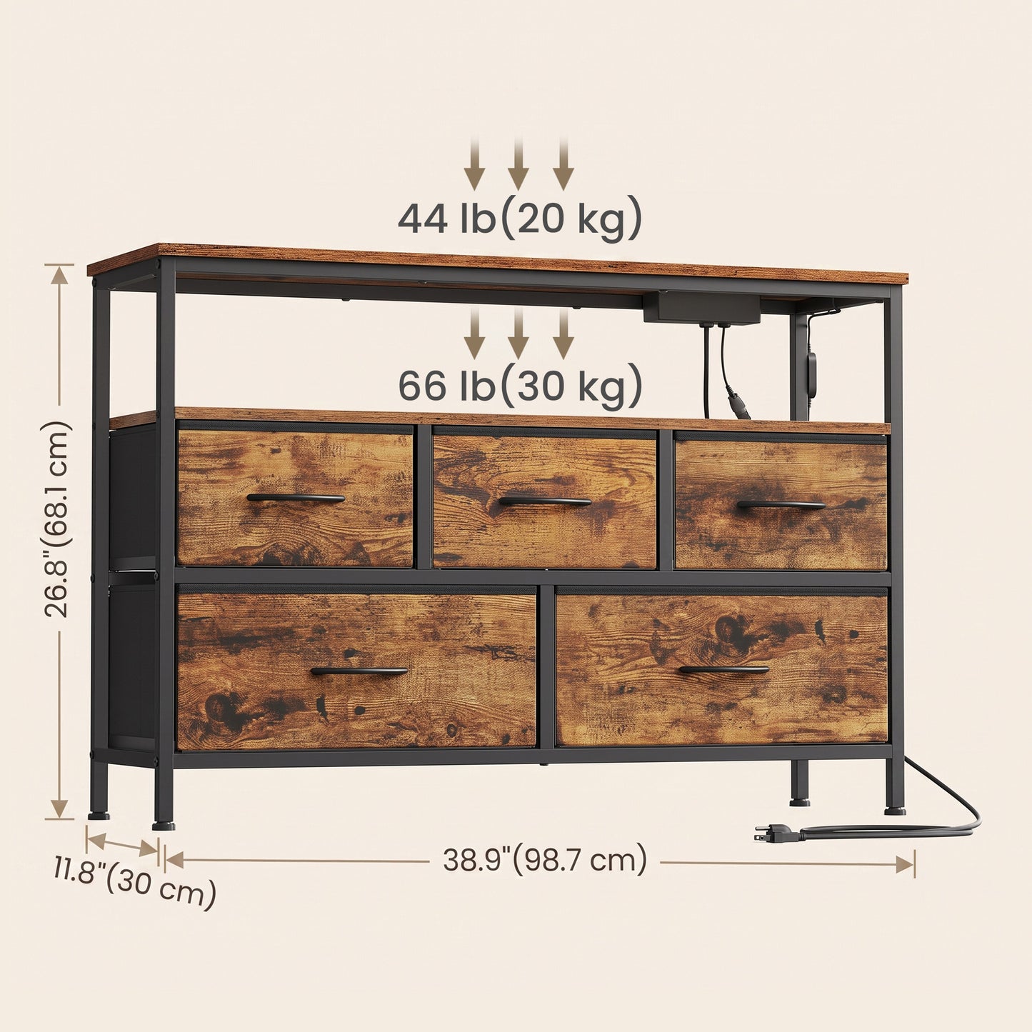 Dresser with Charging Station and LED Lights, 5 Drawers Storage Cabinet, 38.9 x 11.8 x 26.8 inches, Tan and Black