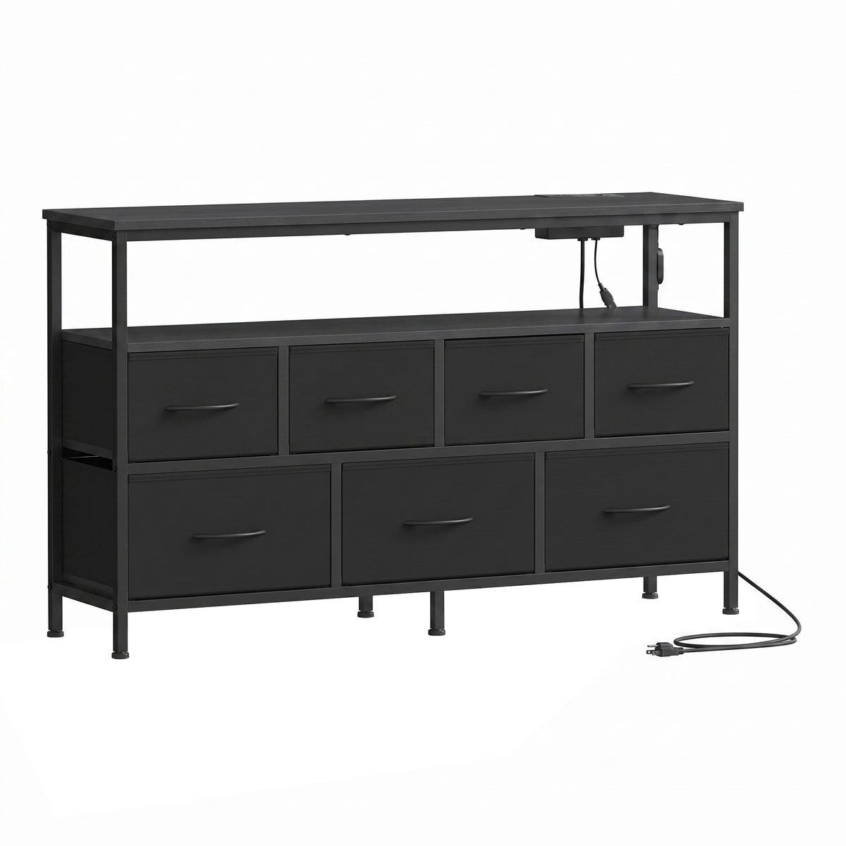 Dresser with Charging Station and LED Lights, 7 Drawers Storage Cabinet, 44.8 x 11.8 x 26.8 inches, Black