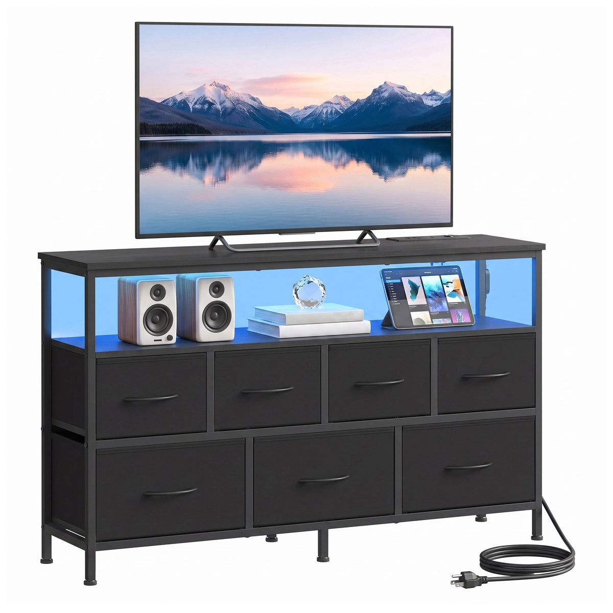 Dresser with Charging Station and LED Lights, 7 Drawers Storage Cabinet, 44.8 x 11.8 x 26.8 inches, Black